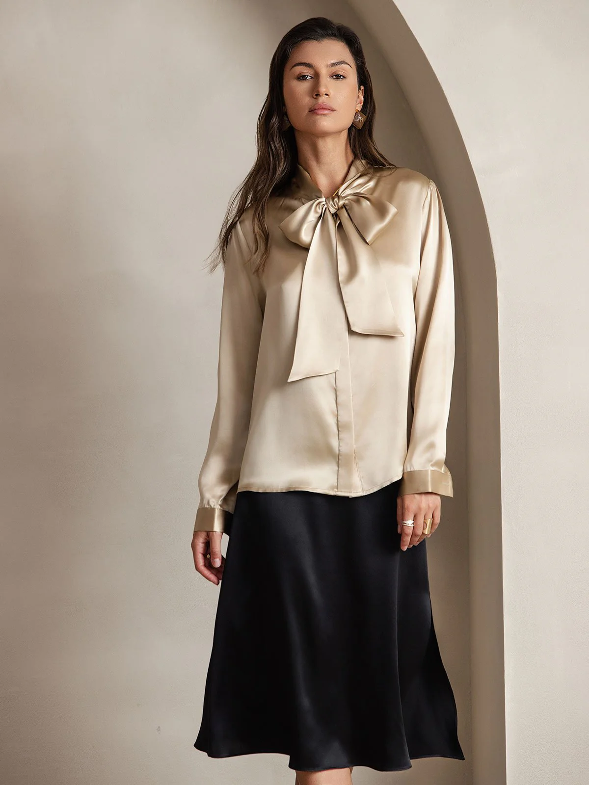 19Momme Silk Long Sleeve Tie Neck Blouse - Image 9