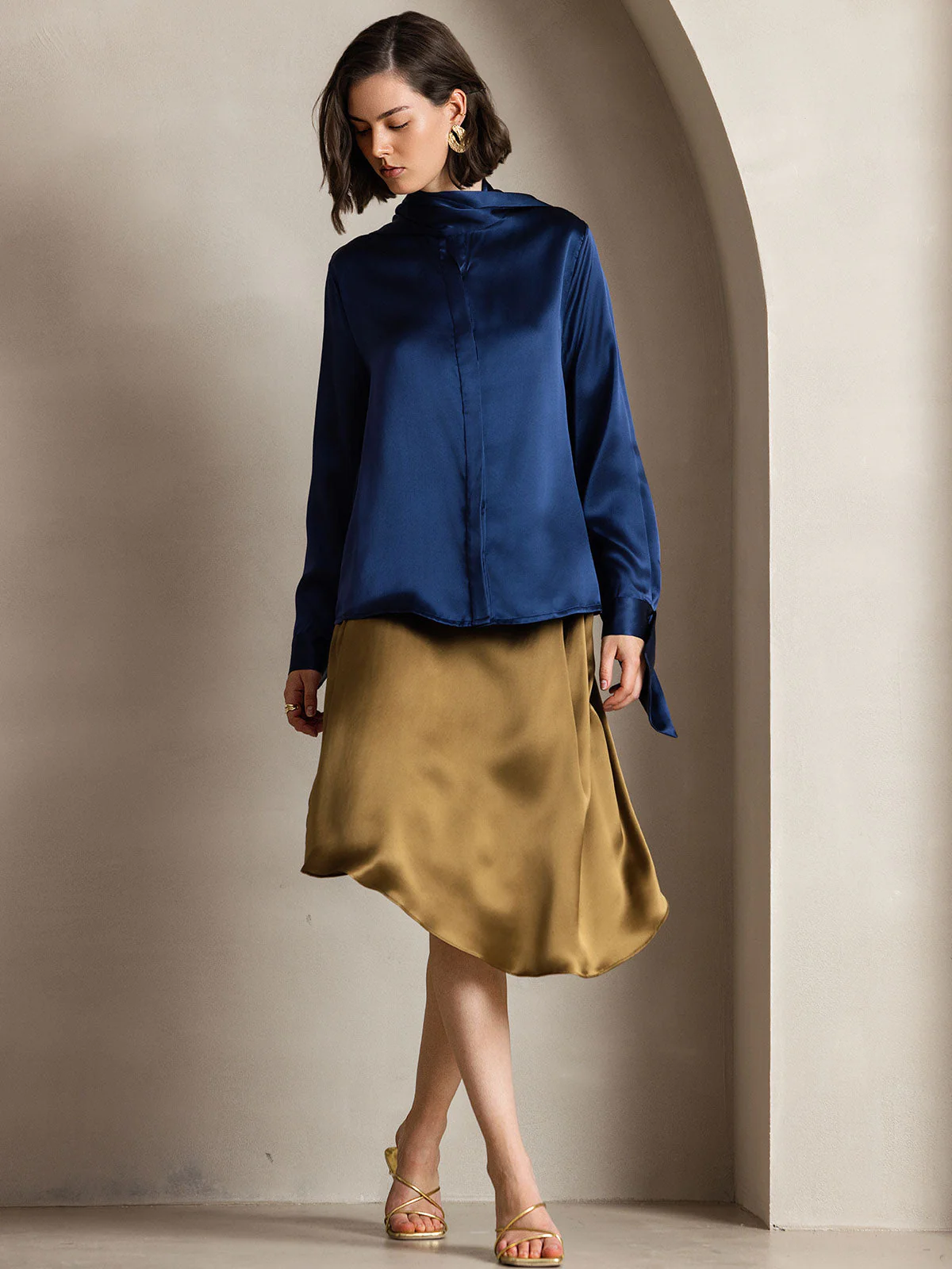 19Momme Silk Long Sleeve High Neck Bow Tie Blouse - Image 10