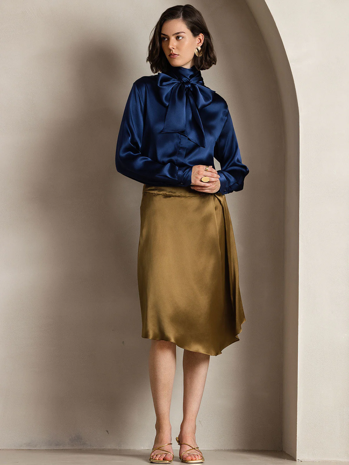 19Momme Silk Long Sleeve High Neck Bow Tie Blouse - Image 13