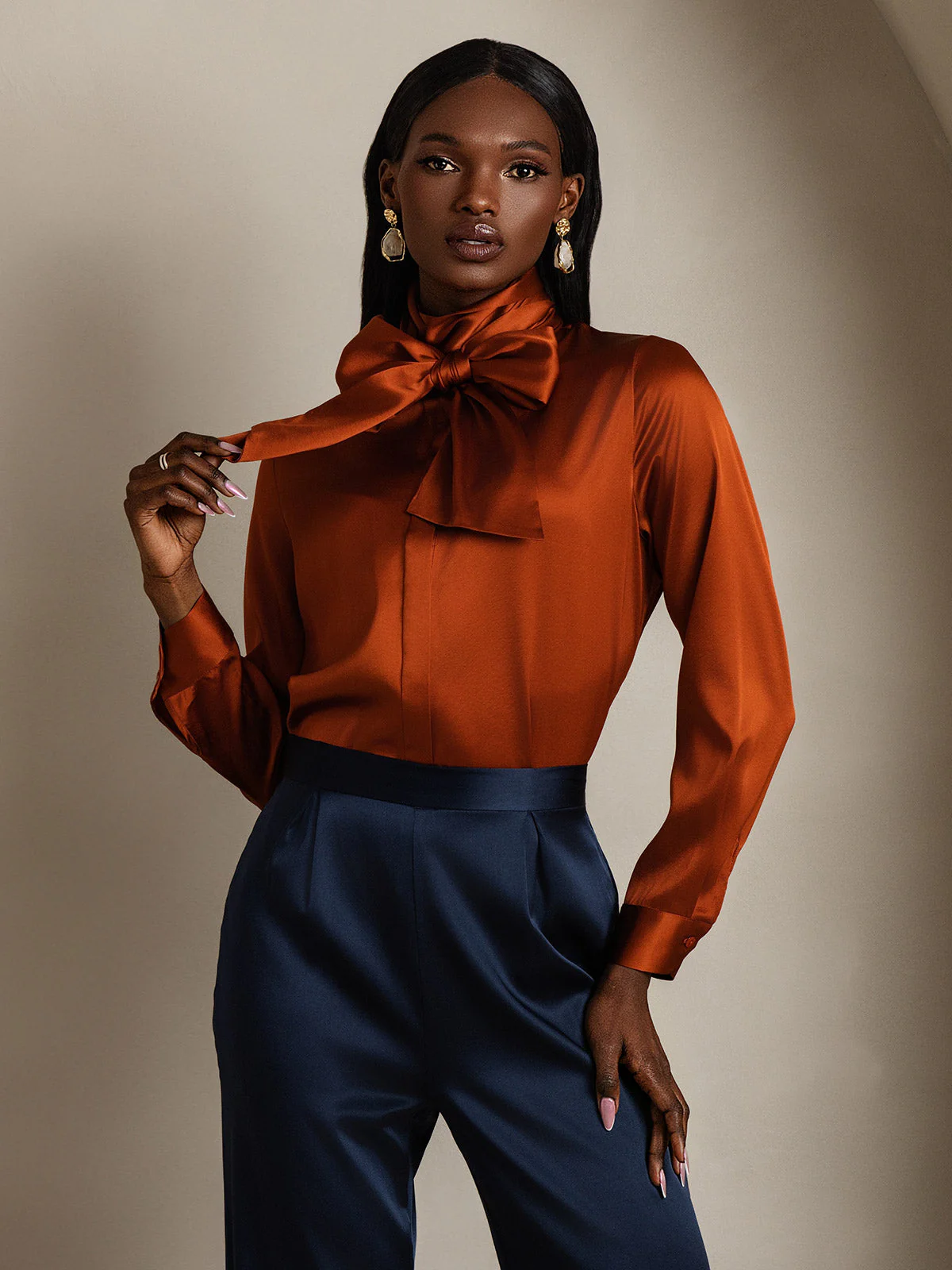 19Momme Silk Long Sleeve High Neck Bow Tie Blouse - Image 23