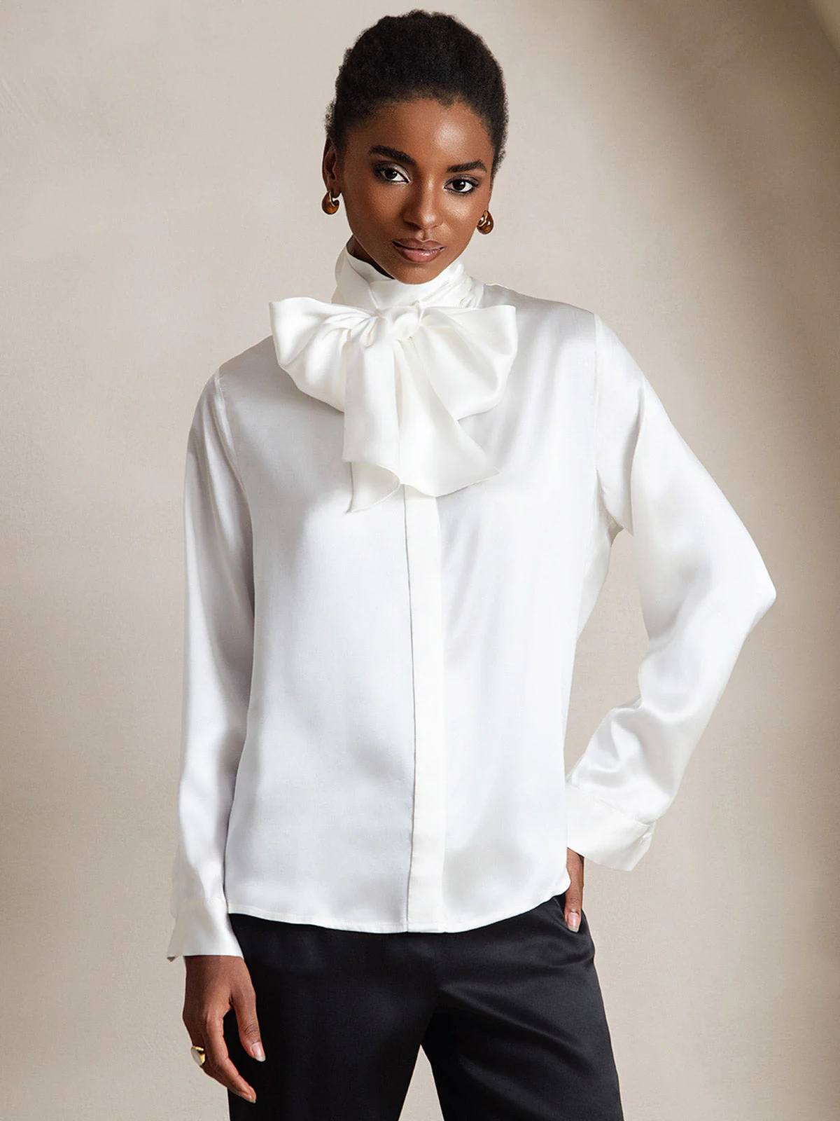 19Momme Silk Long Sleeve High Neck Bow Tie Blouse - Image 3