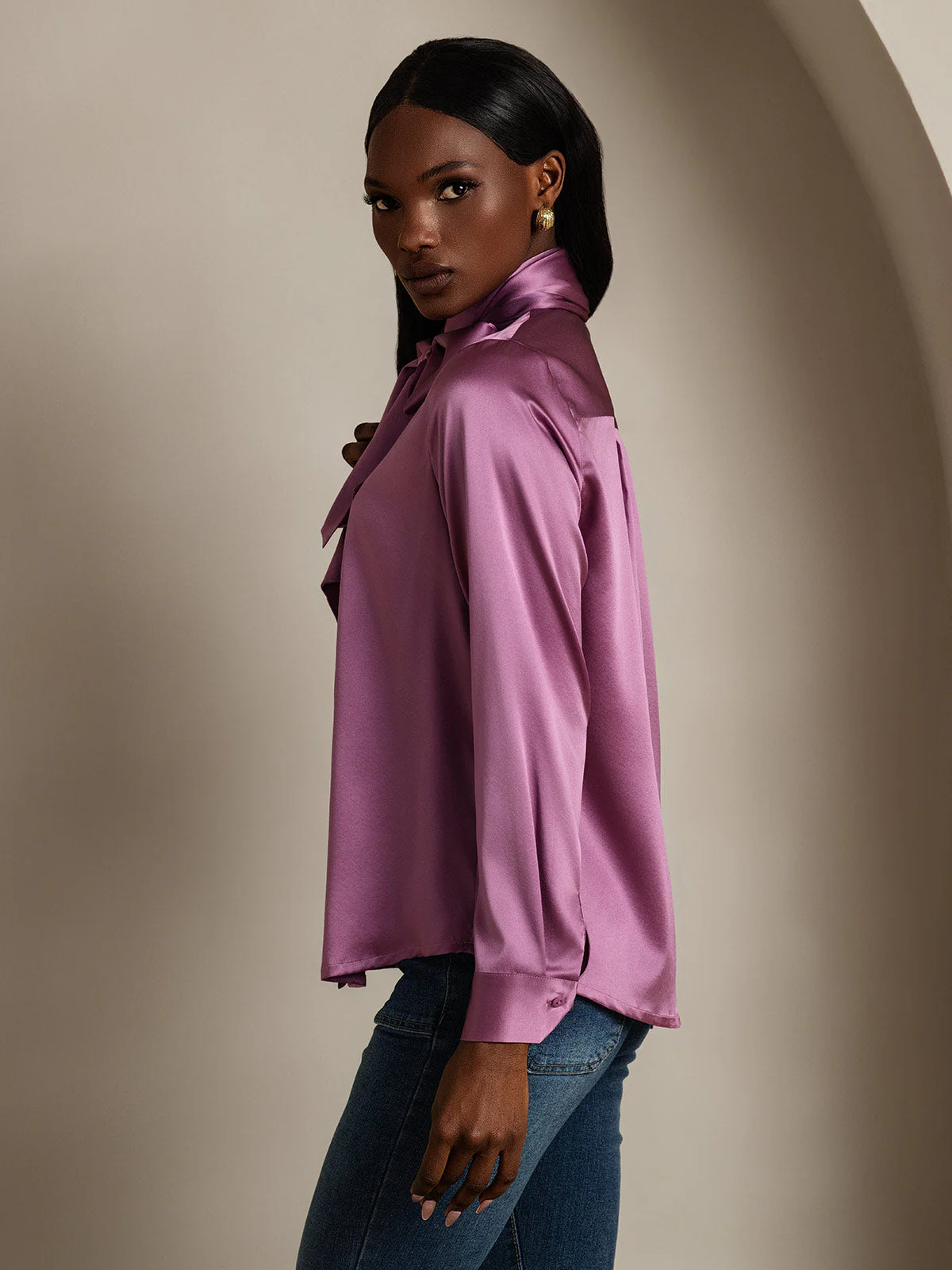 19Momme Silk Long Sleeve High Neck Bow Tie Blouse - Image 36