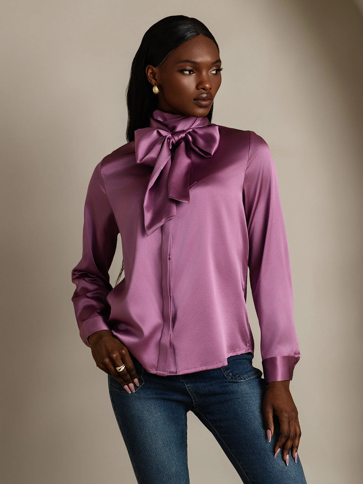 19Momme Silk Long Sleeve High Neck Bow Tie Blouse - Image 38