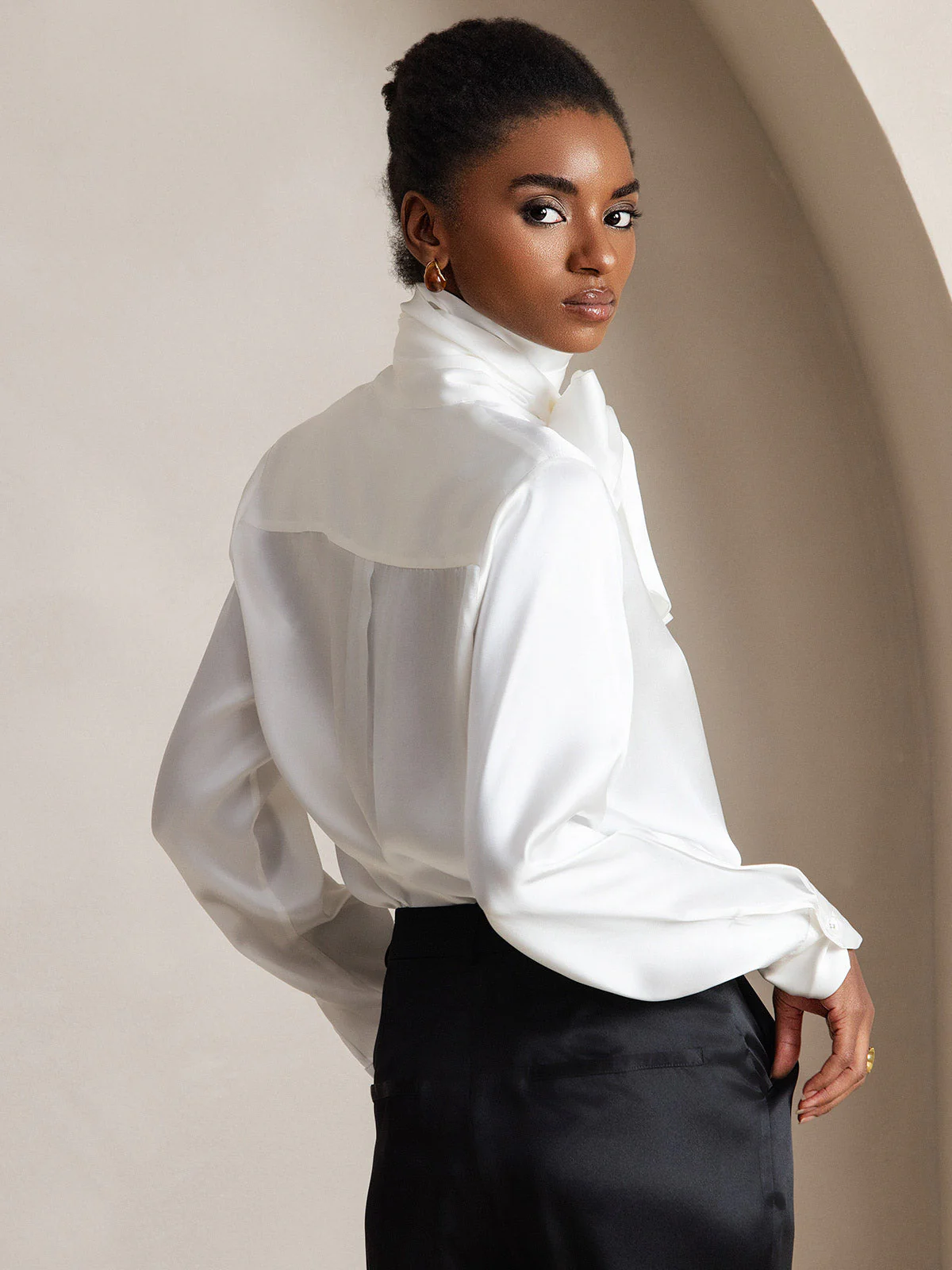 19Momme Silk Long Sleeve High Neck Bow Tie Blouse - Image 4