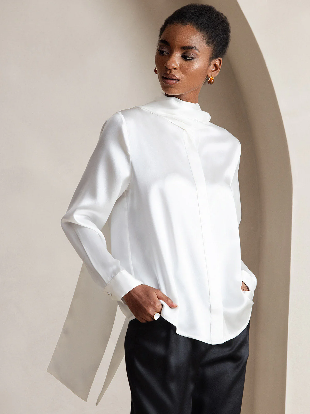 19Momme Silk Long Sleeve High Neck Bow Tie Blouse - Image 5