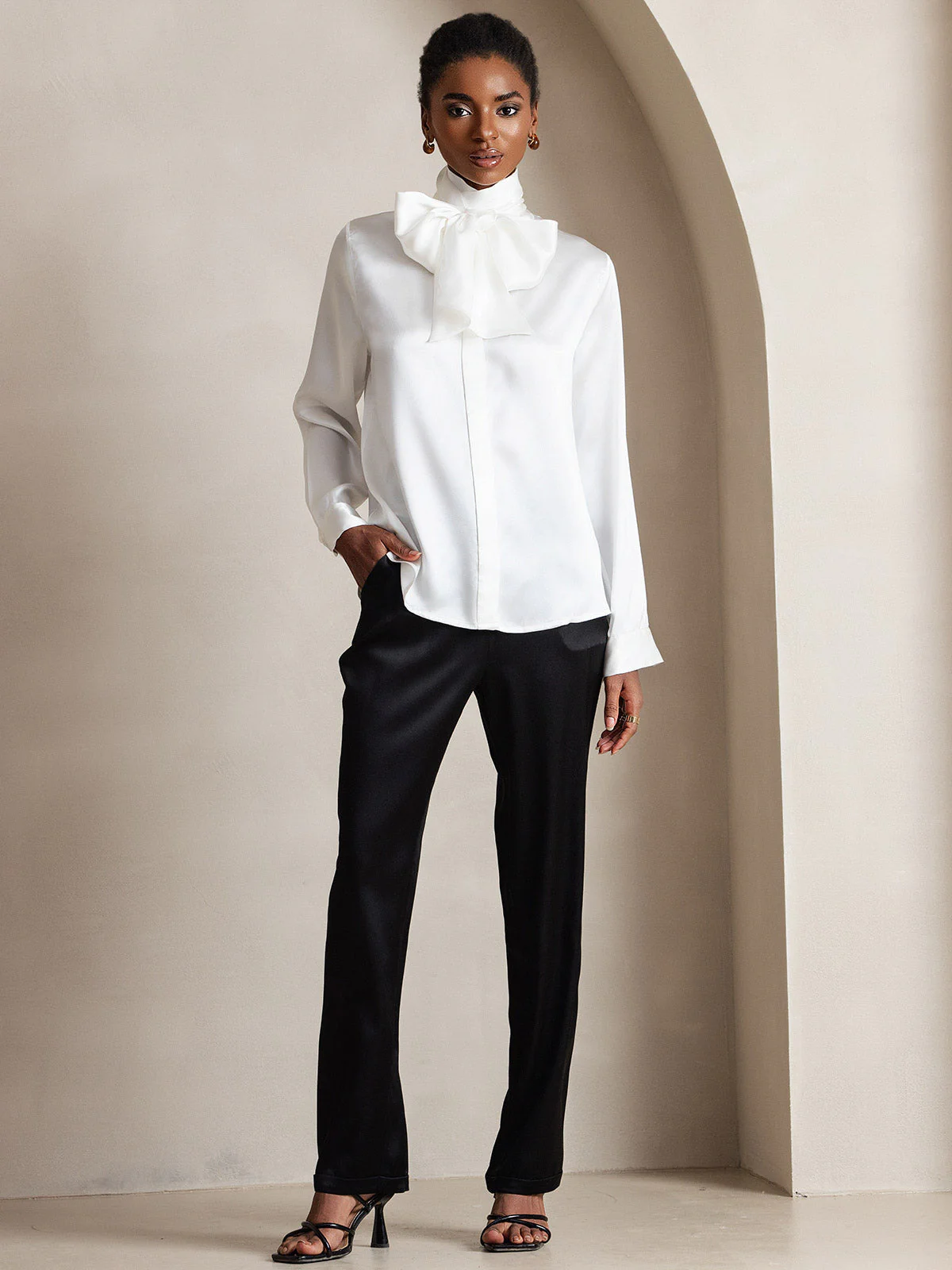 19Momme Silk Long Sleeve High Neck Bow Tie Blouse - Image 7