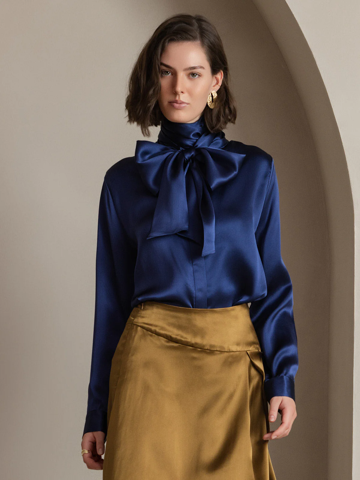 19Momme Silk Long Sleeve High Neck Bow Tie Blouse - Image 8