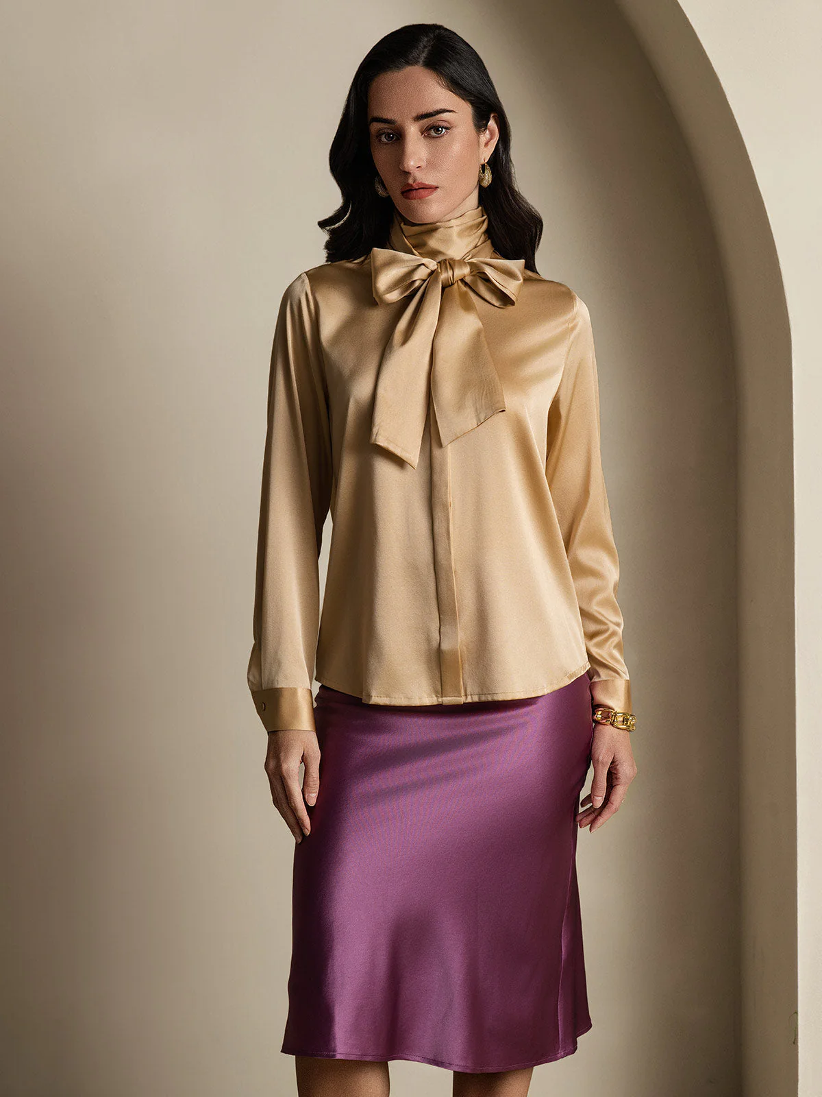 Clearance(Ships to UK Only) - 19Momme Silk Long Sleeve High Neck Bow Tie Blouse