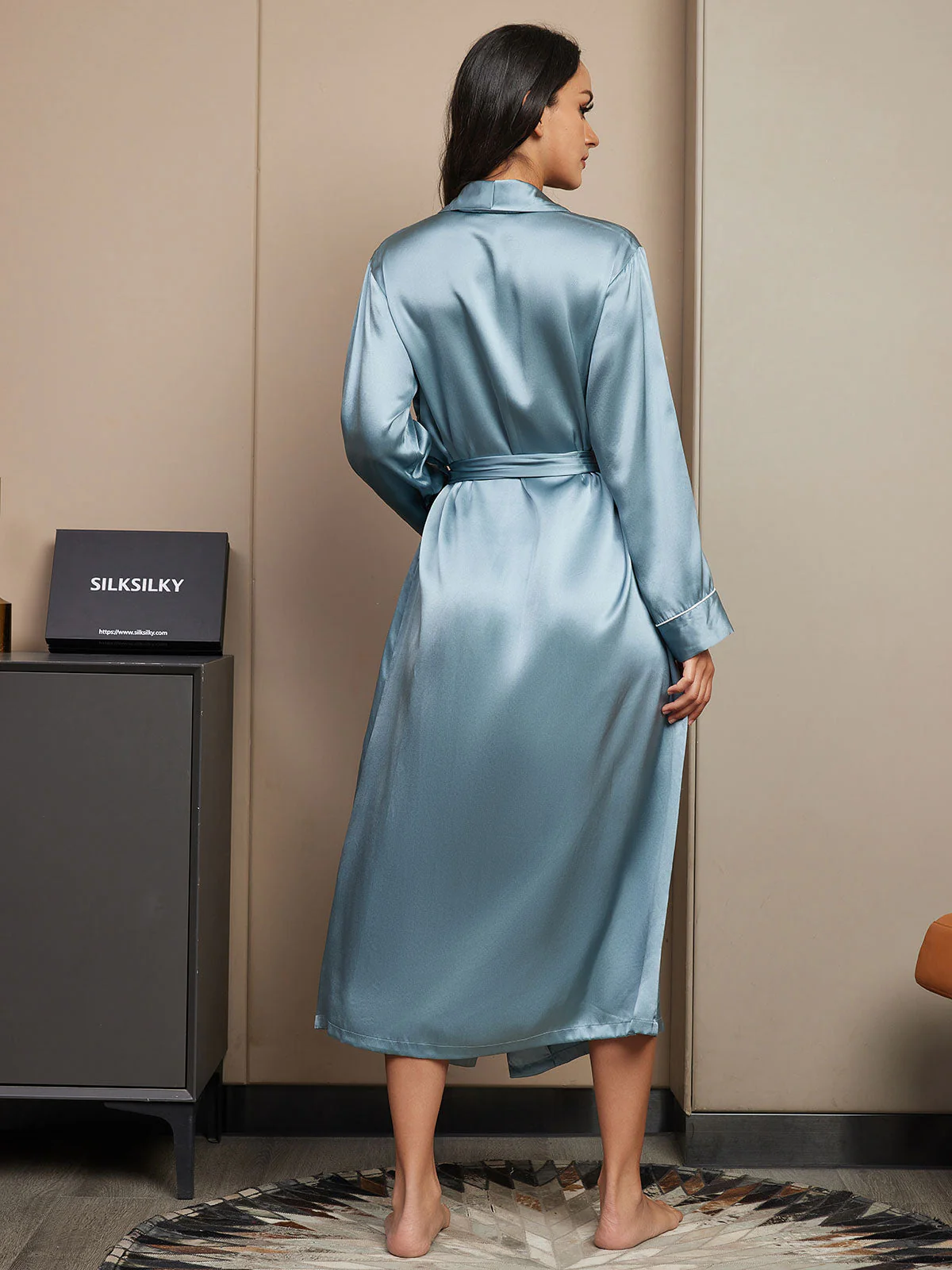 100% Mulberry Silk Long Sleeve Midi Women's Wrap Dressing Gown - Image 13