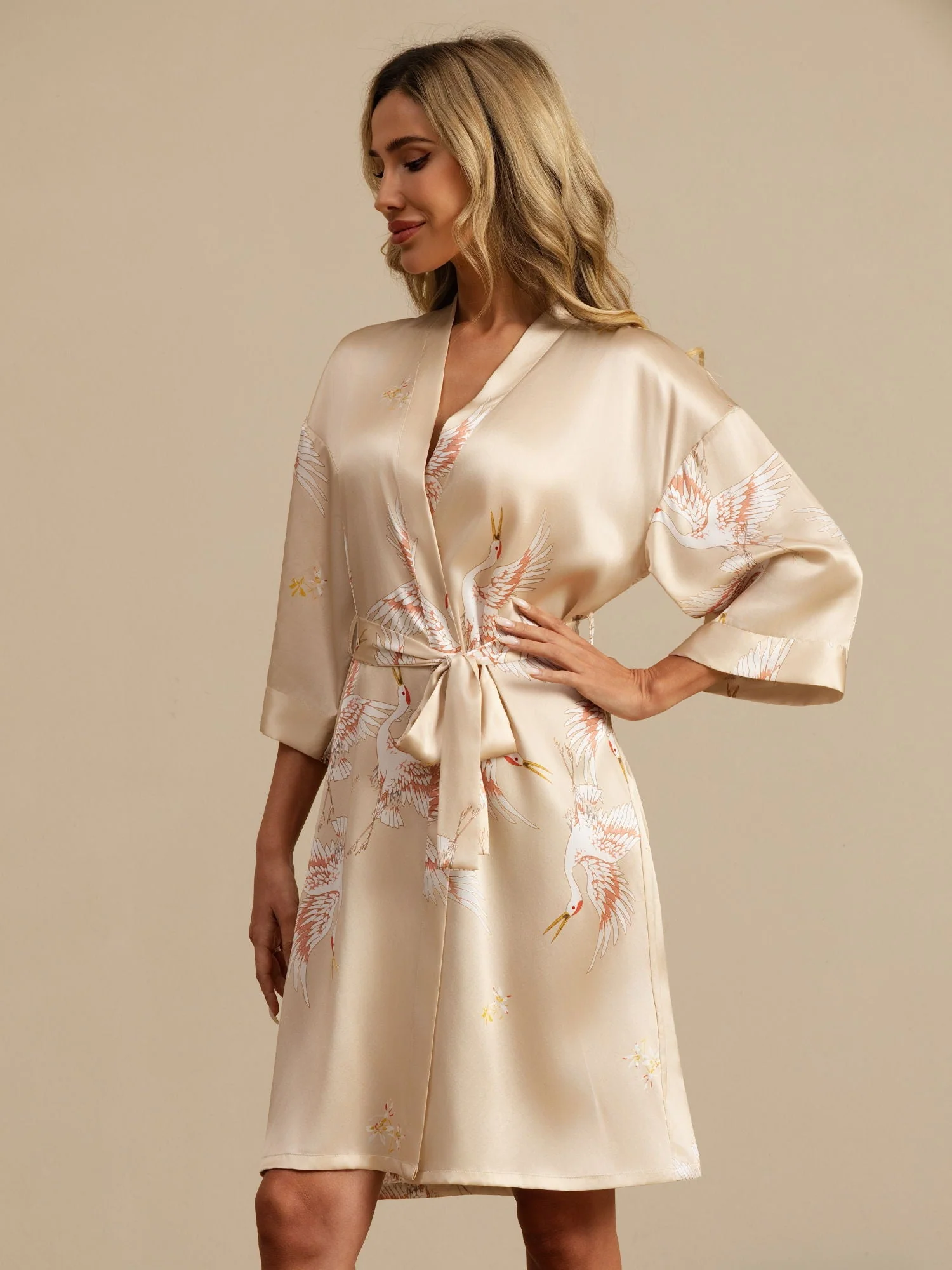 19Momme Pure Silk Crane Print Belted Wrap Women's Kimono Robe - Image 37