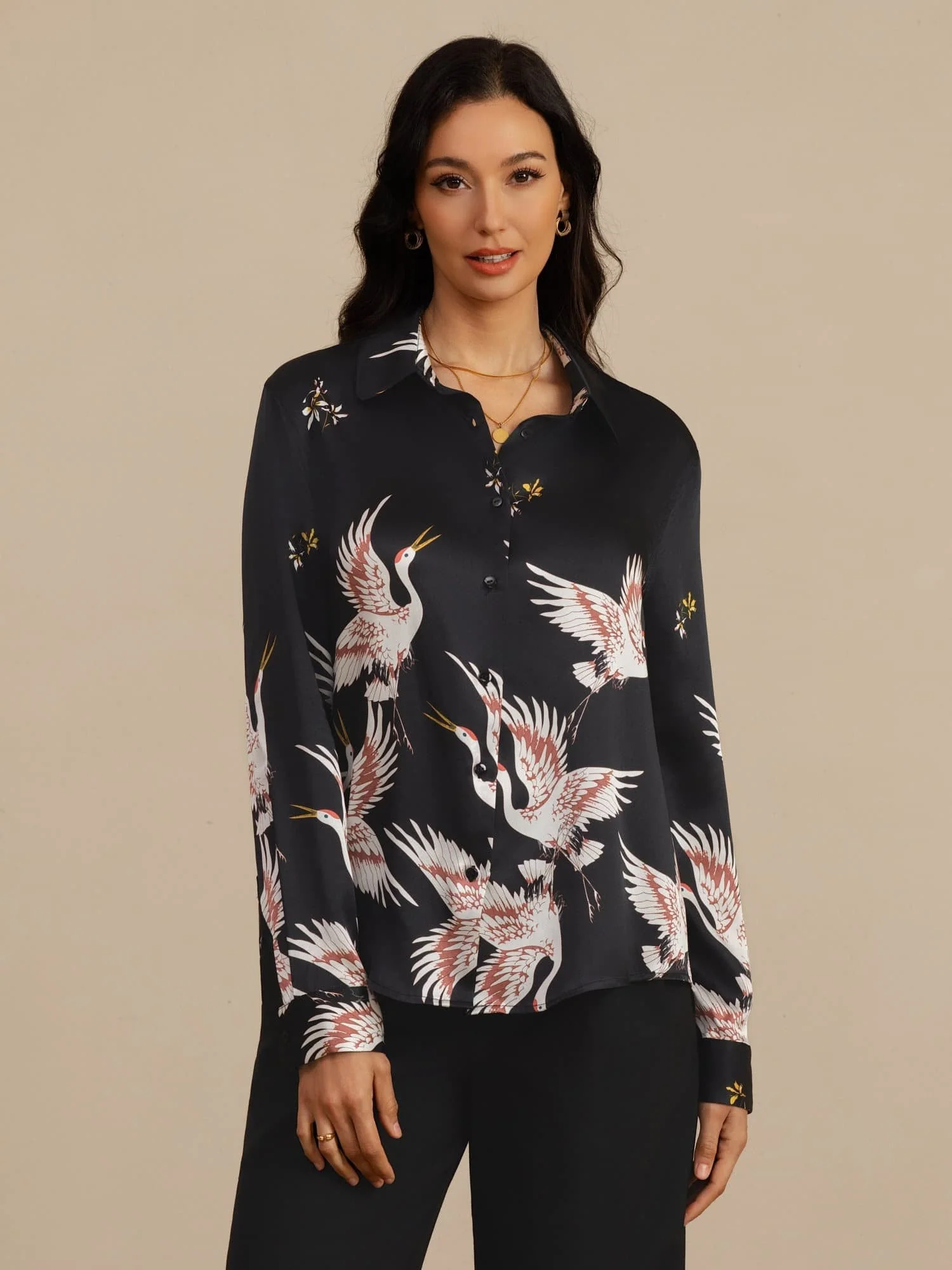 19Momme Pure Silk Long Sleeve Lapel Collar Women's Crane Print Button Blouse - Image 9