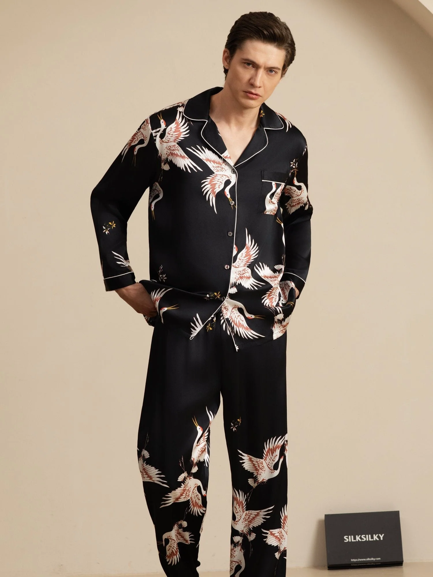 19Momme Pure Silk Men's Crane Print Long Sleeve Notch Collar Pajamas Set - Image 12
