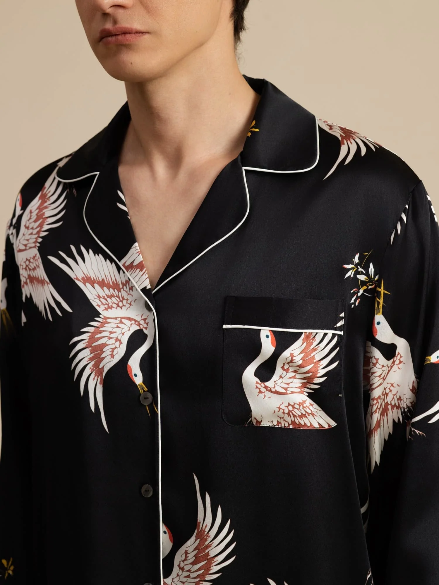 19Momme Pure Silk Men's Crane Print Long Sleeve Notch Collar Pajamas Set - Image 13