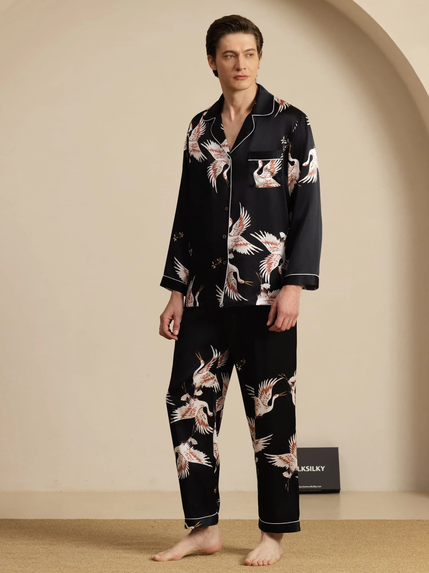 19Momme Pure Silk Men's Crane Print Long Sleeve Notch Collar Pajamas Set - Image 14