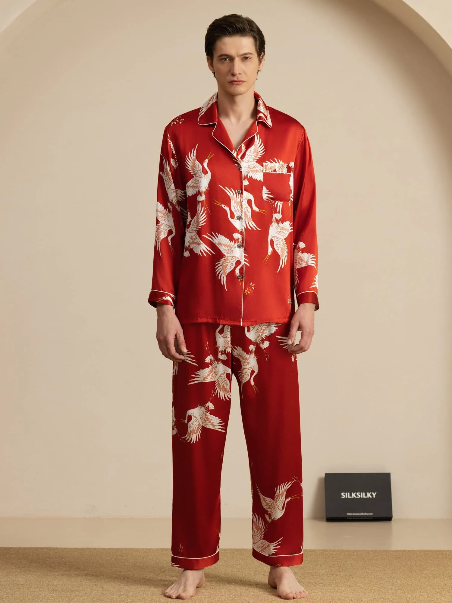 19Momme Pure Silk Men's Crane Print Long Sleeve Notch Collar Pajamas Set - Image 19