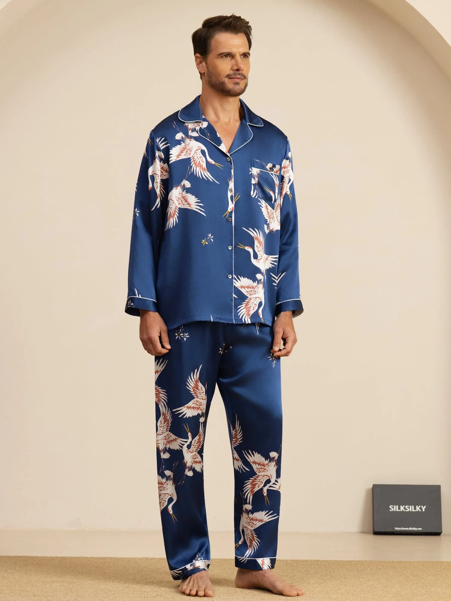 19Momme Pure Silk Men's Crane Print Long Sleeve Notch Collar Pajamas Set - Image 3