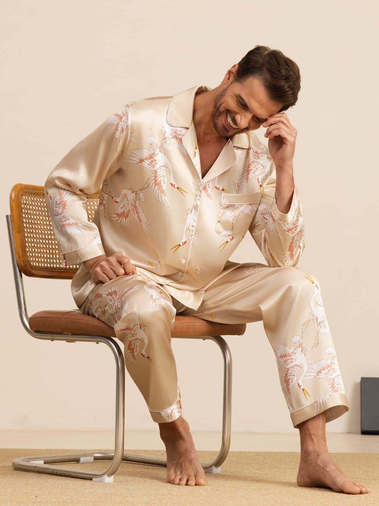 19Momme Pure Silk Men's Crane Print Long Sleeve Notch Collar Pajamas Set - Image 32