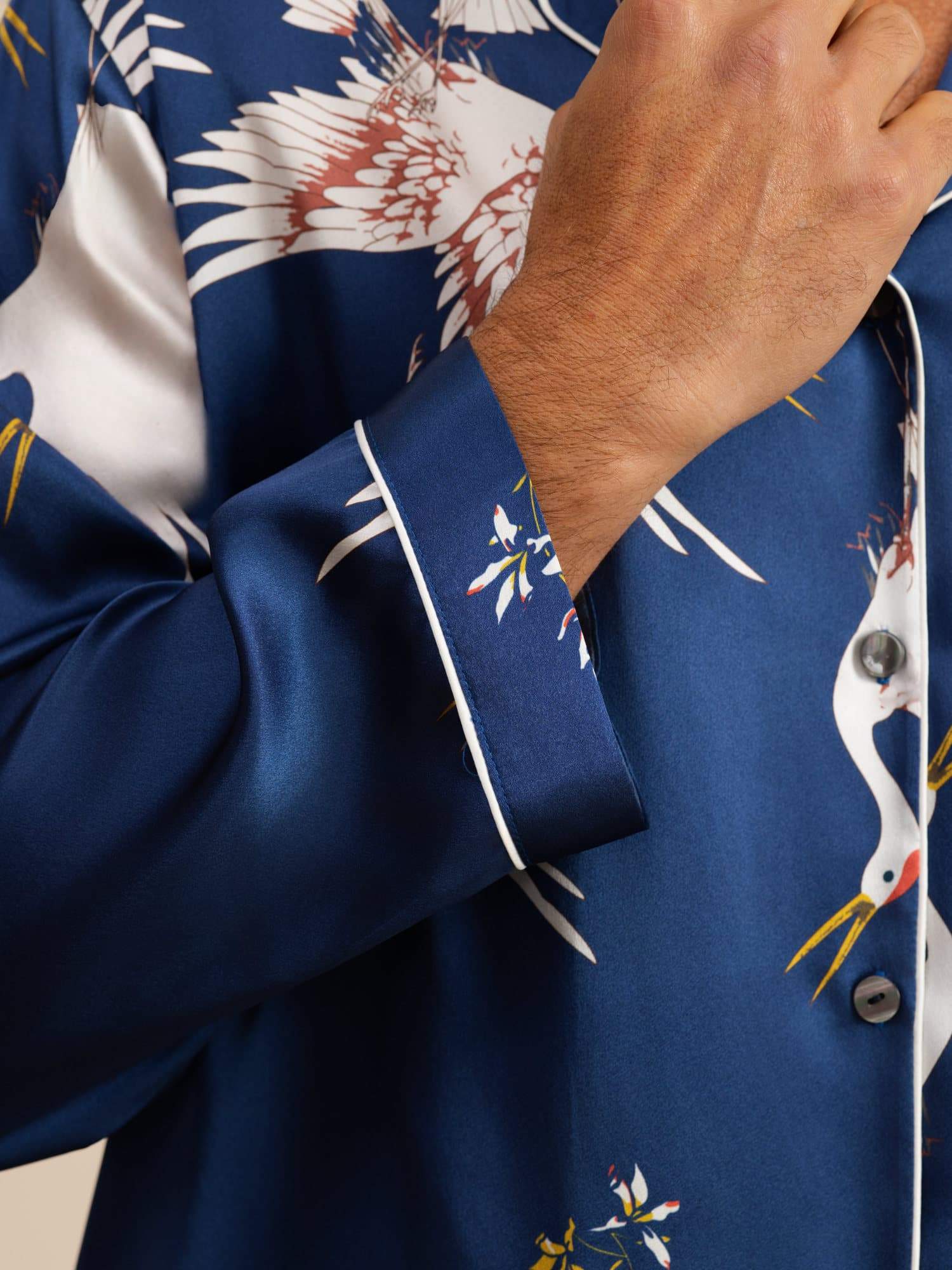 19Momme Pure Silk Men's Crane Print Long Sleeve Notch Collar Pajamas Set - Image 6