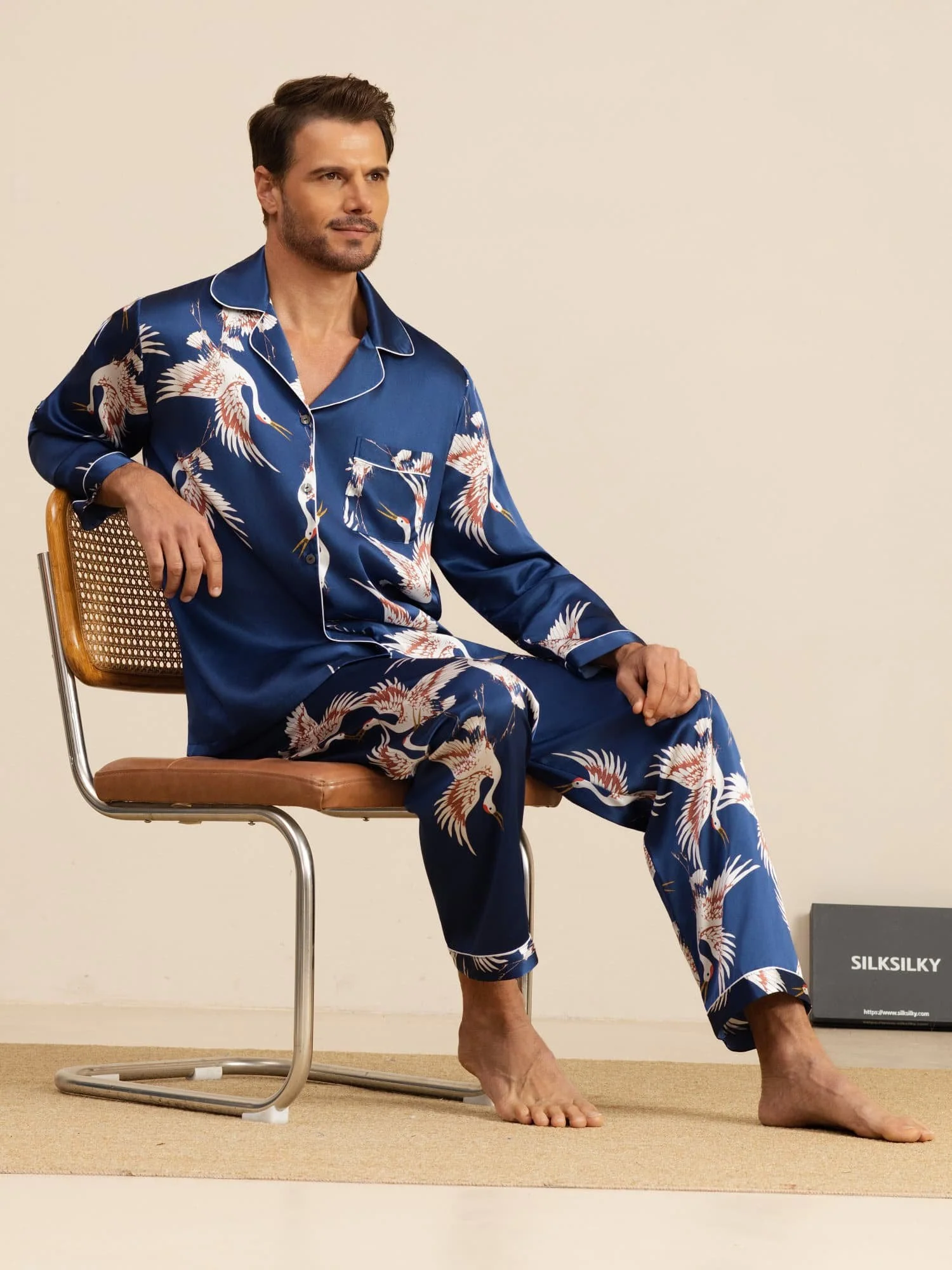 19Momme Pure Silk Men's Crane Print Long Sleeve Notch Collar Pajamas Set - Image 8