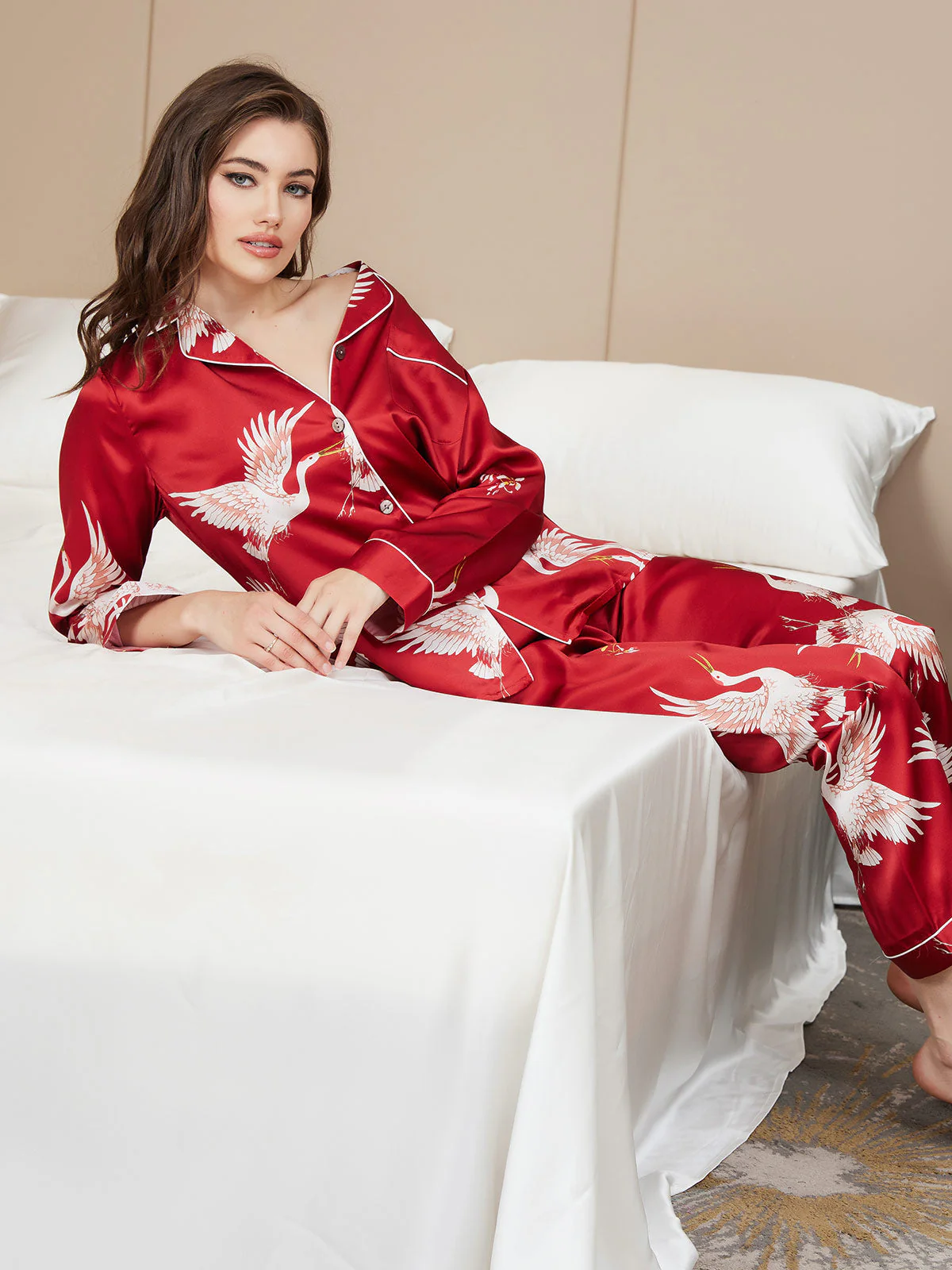19Momme Women's Pure Silk Crane Print Long Sleeve Pyjamas Set - Image 18