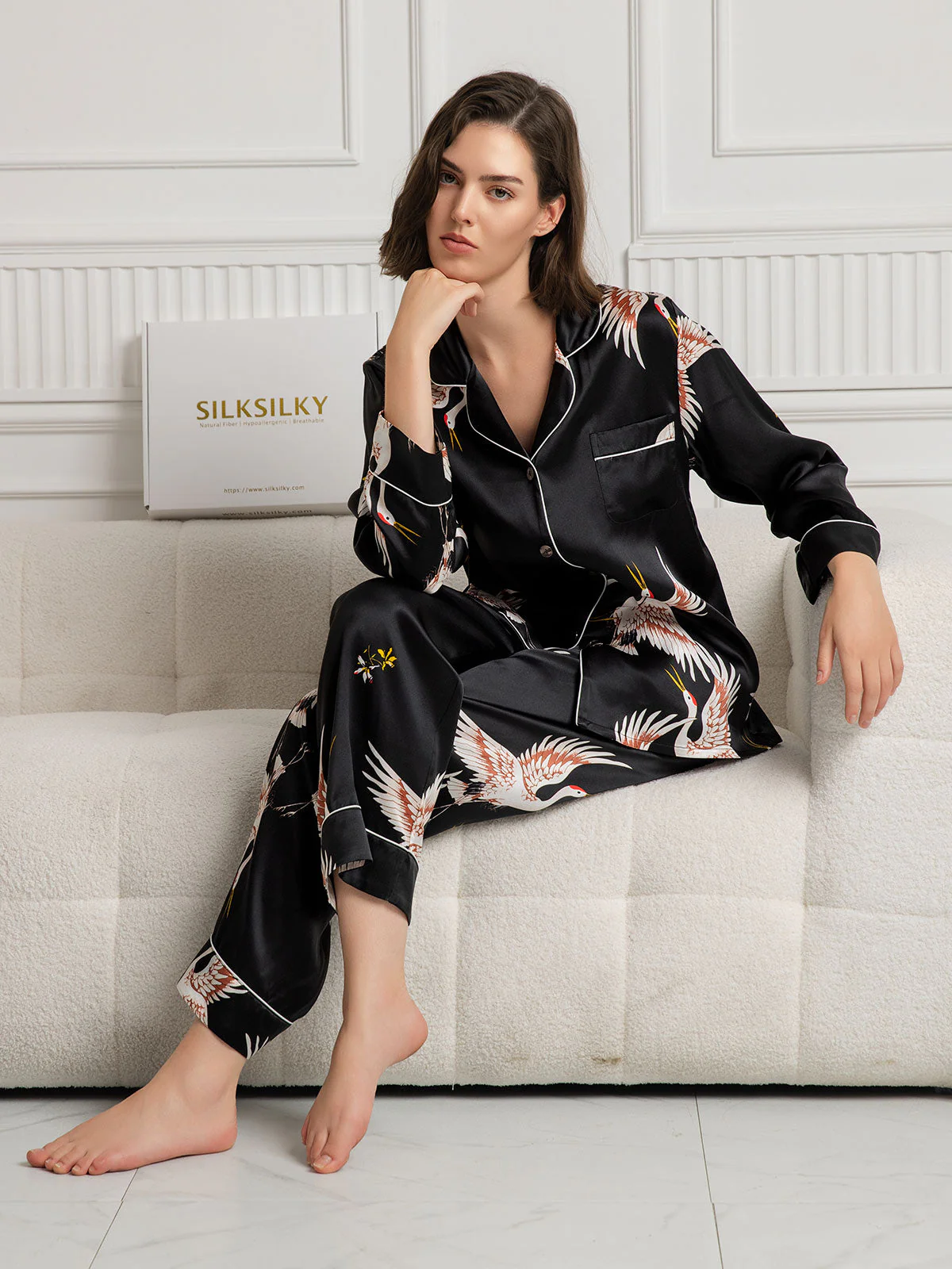 19Momme Women's Pure Silk Crane Print Long Sleeve Pyjamas Set - Image 19