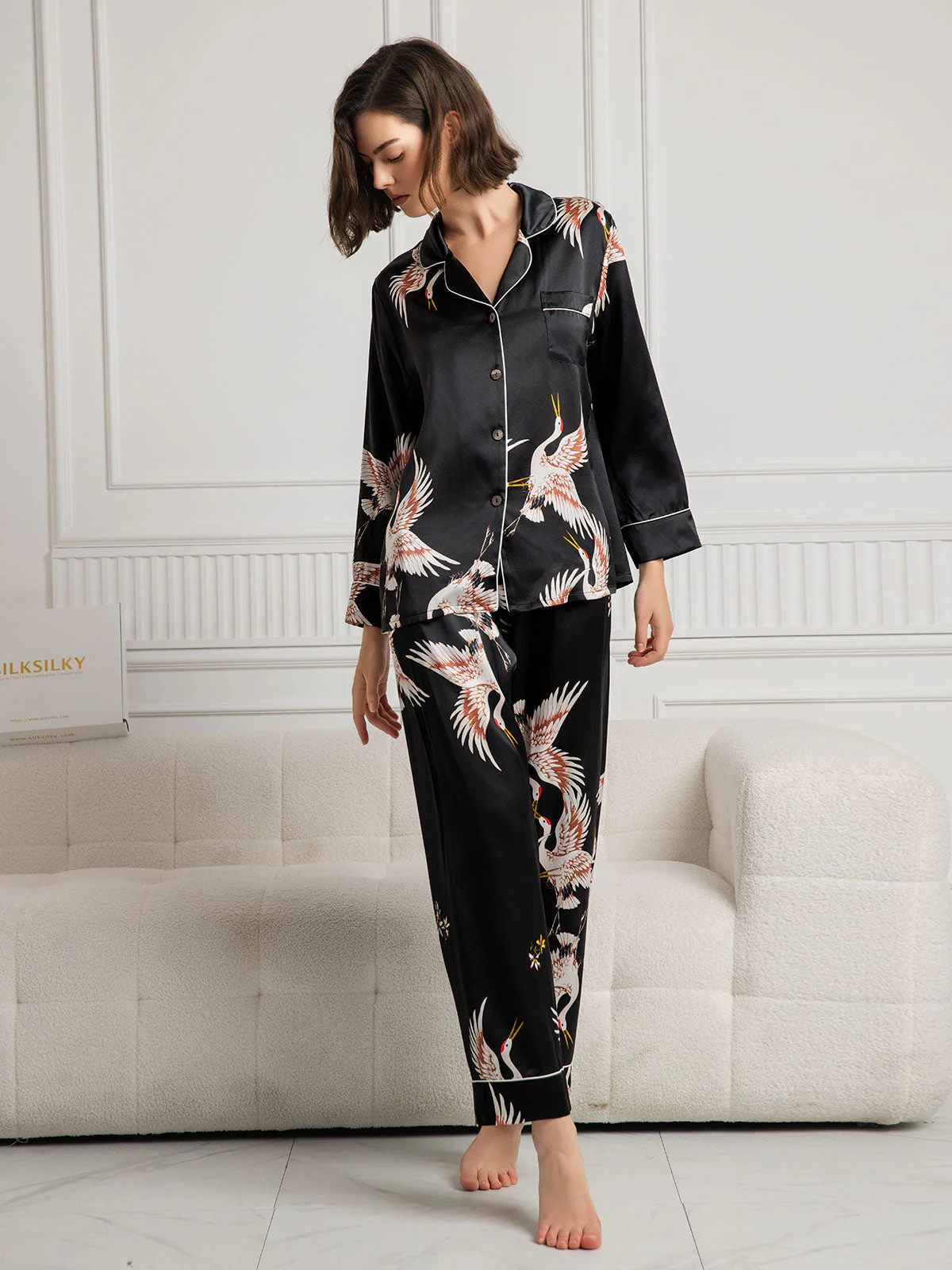 19Momme Women's Pure Silk Crane Print Long Sleeve Pyjamas Set - Image 22