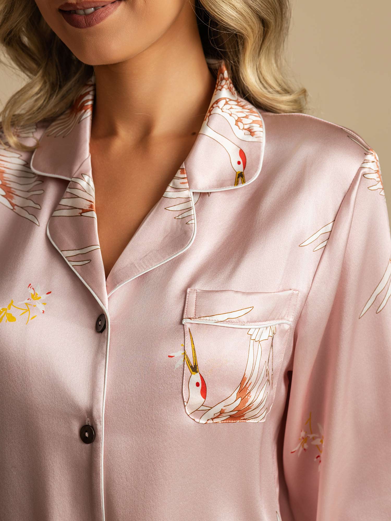 19Momme Women's Pure Silk Crane Print Long Sleeve Pyjamas Set - Image 27