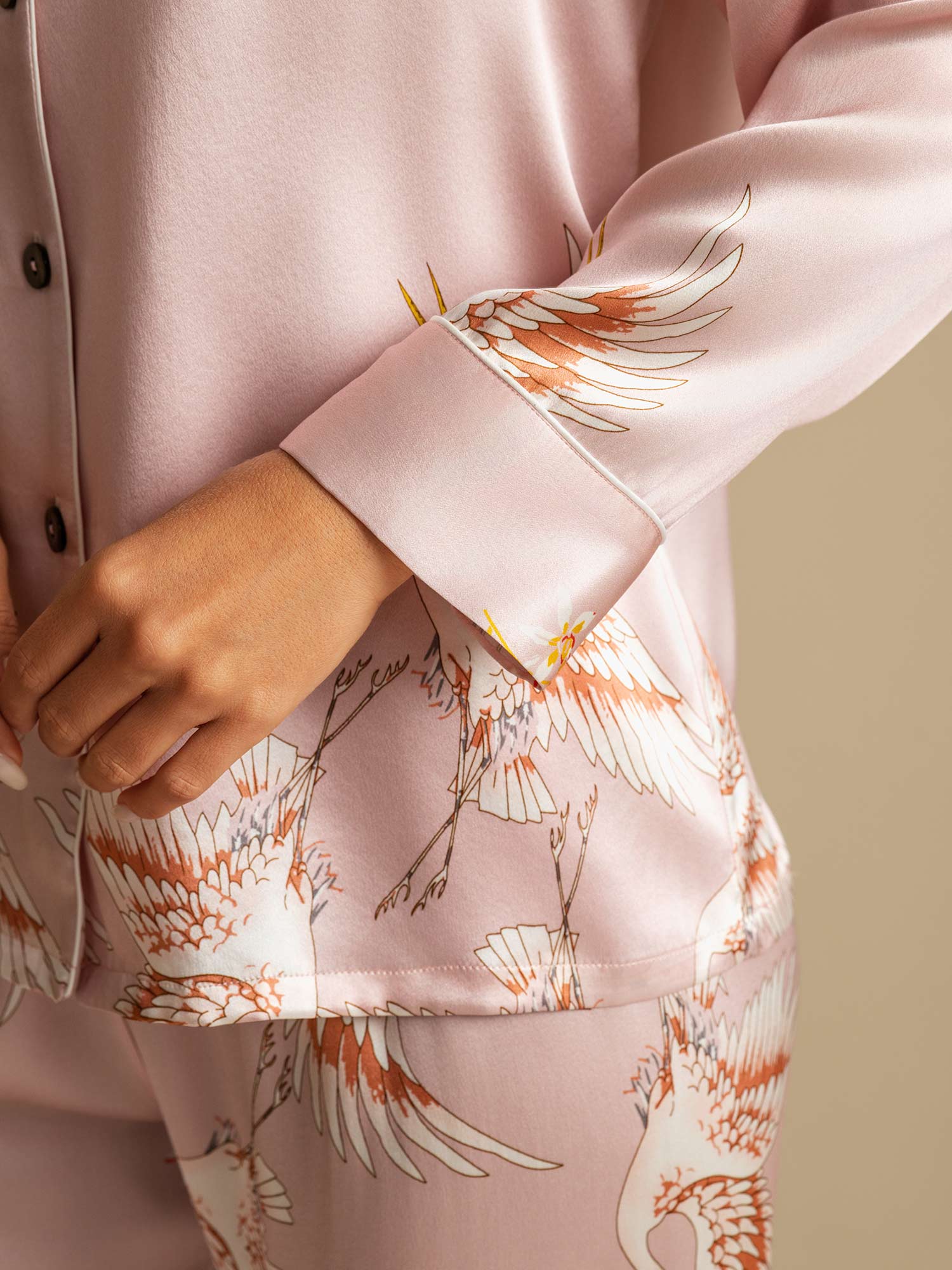 19Momme Women's Pure Silk Crane Print Long Sleeve Pyjamas Set - Image 28