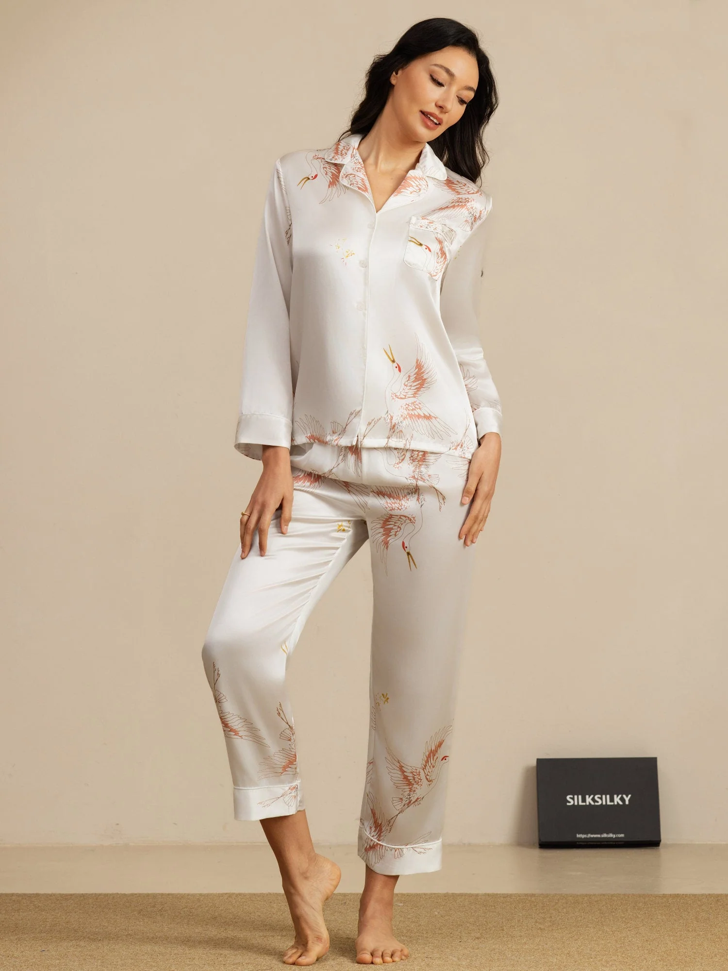 19Momme Women's Pure Silk Crane Print Long Sleeve Pyjamas Set - Image 47