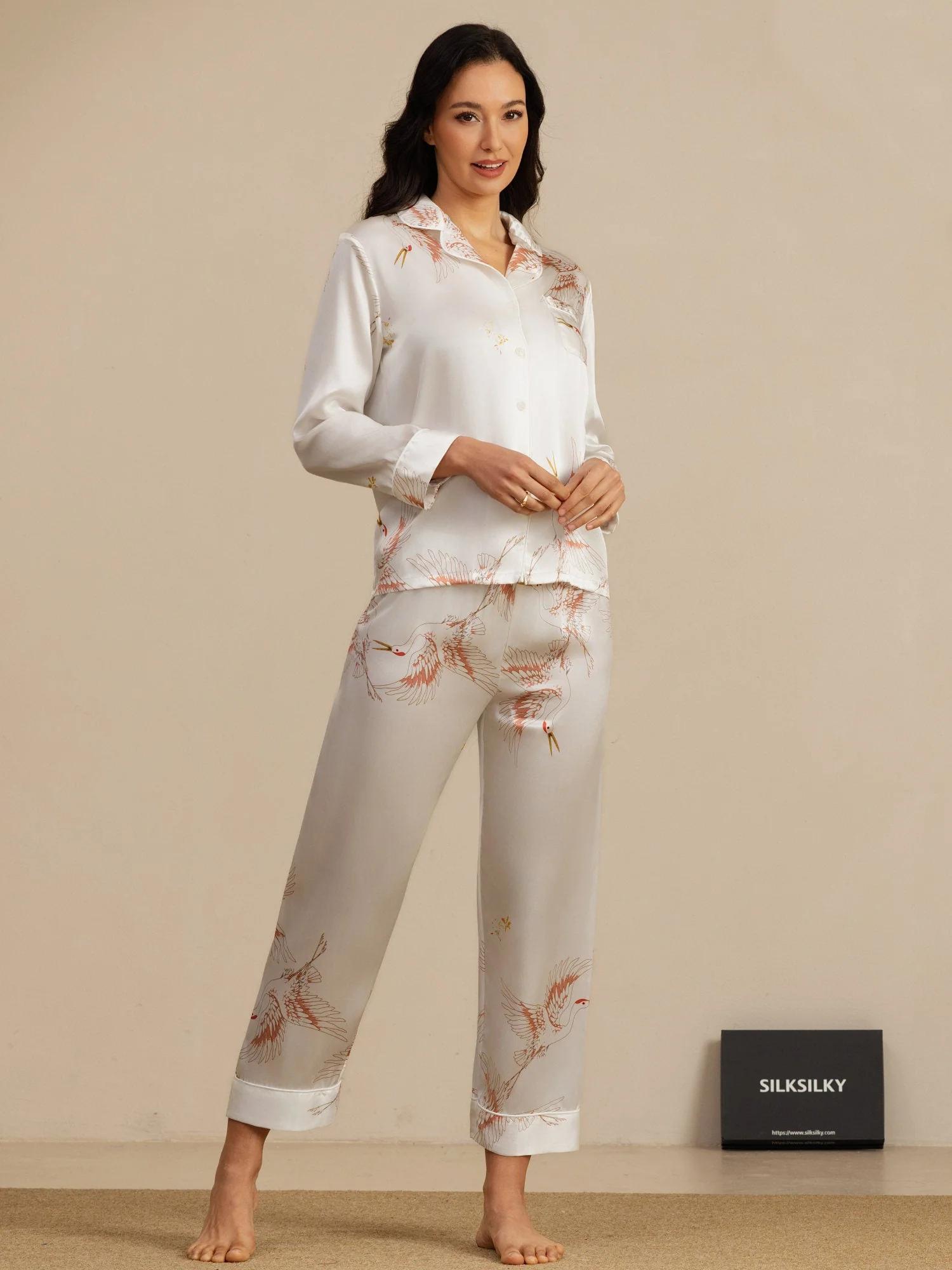 19Momme Women's Pure Silk Crane Print Long Sleeve Pyjamas Set - Image 52