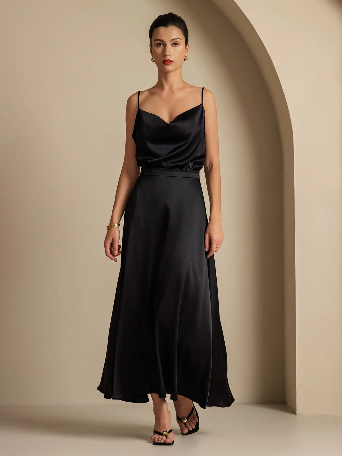 19Momme Silk Cowl Neck Spaghetti Strap Camisole Top & A Line Maxi Skirt - Image 23