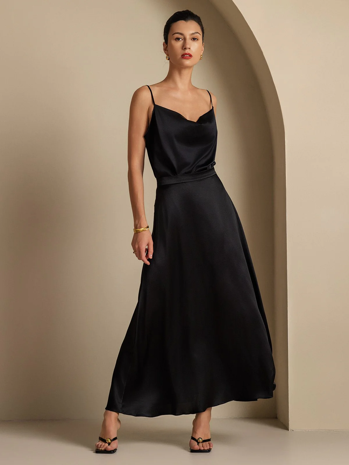 19Momme Silk Cowl Neck Spaghetti Strap Camisole Top & A Line Maxi Skirt - Image 25