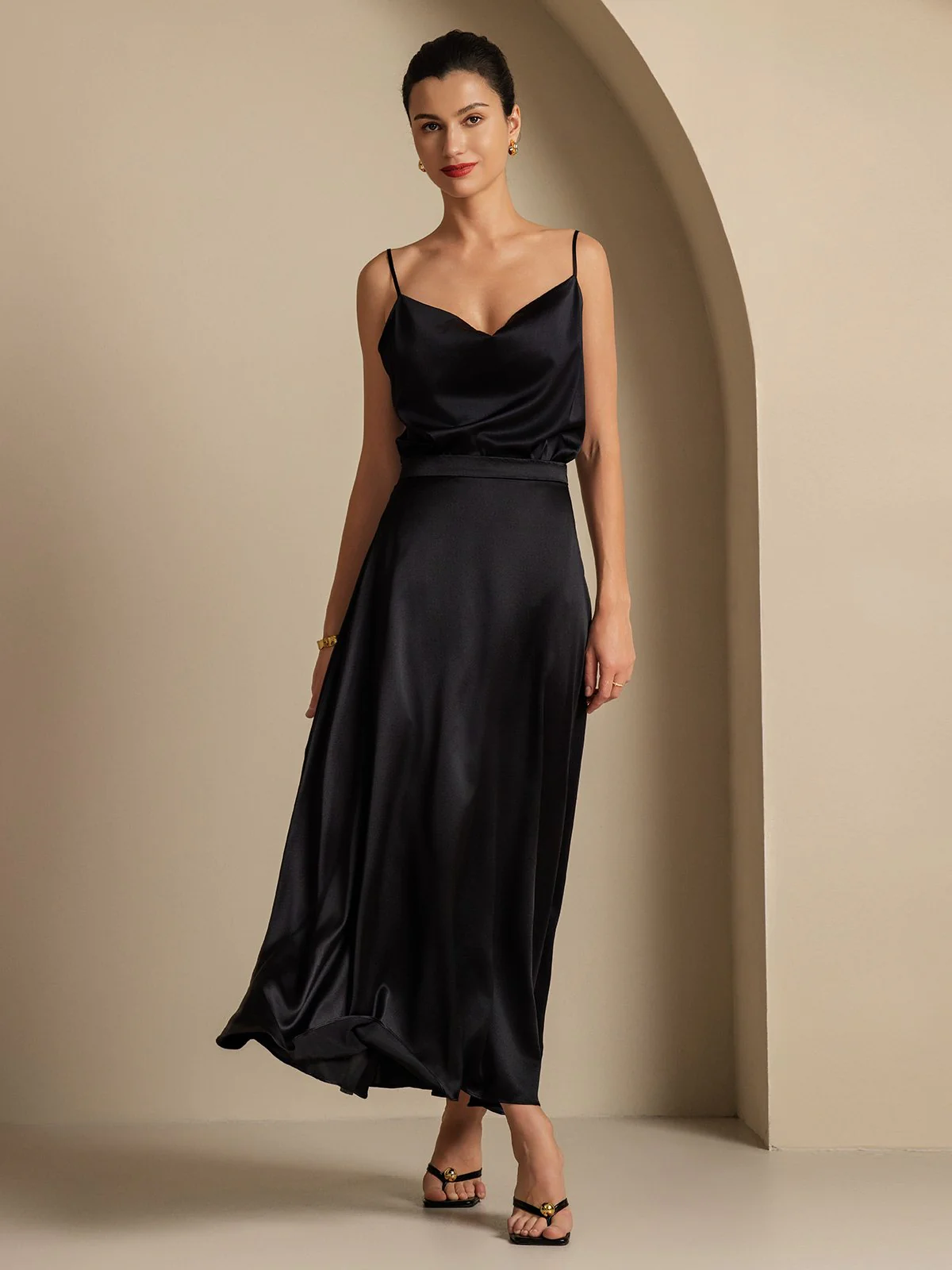 19Momme Silk Cowl Neck Spaghetti Strap Camisole Top & A Line Maxi Skirt - Image 28