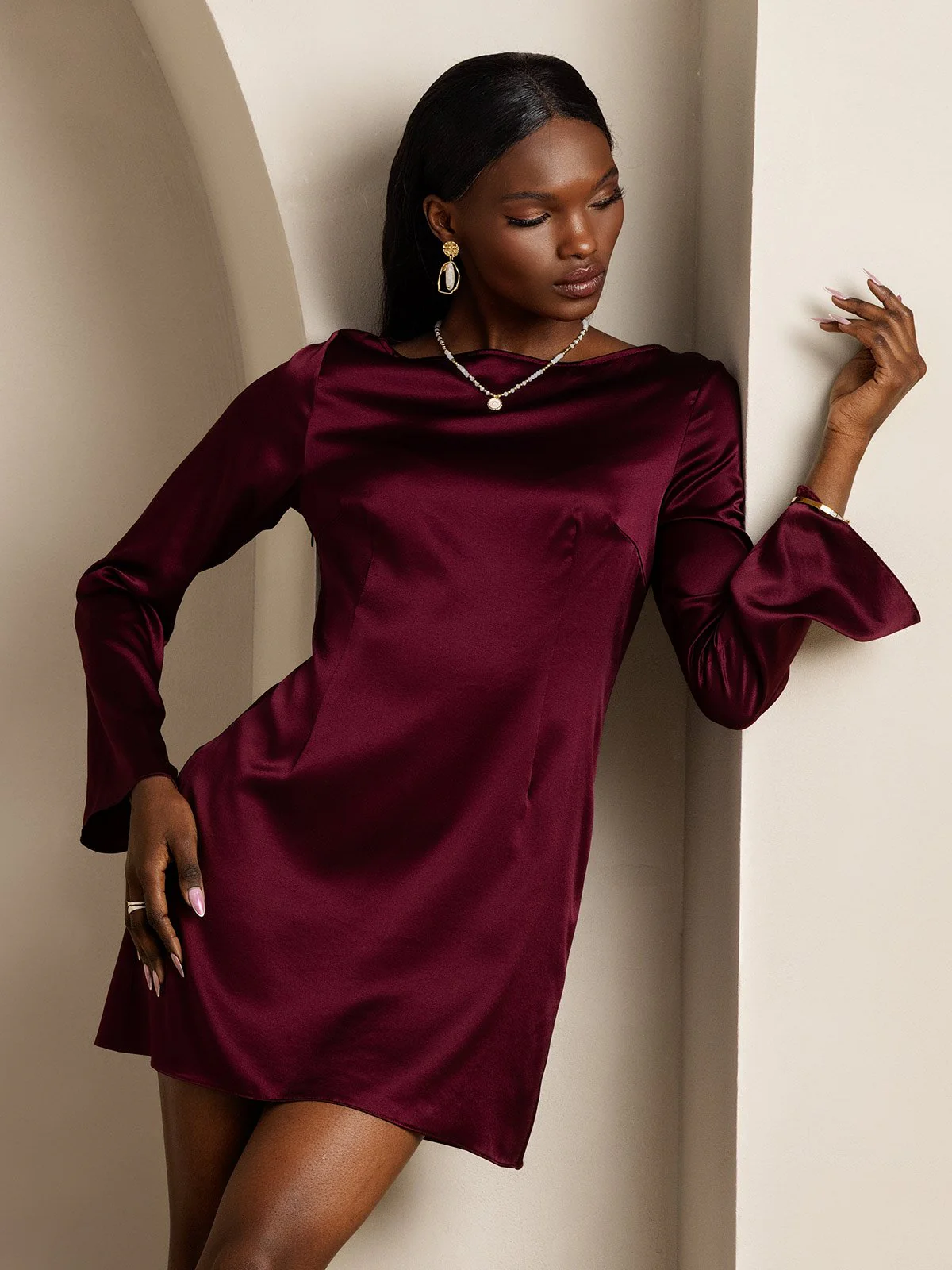 19Momme Silk Long Sleeve Boat Neck Short Dress