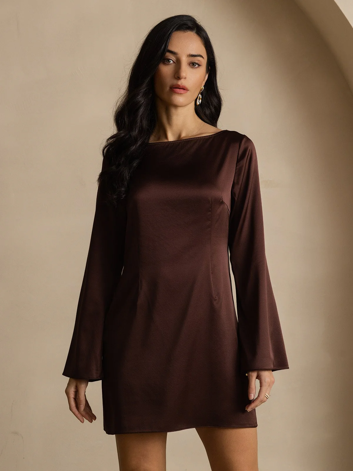 19Momme Silk Long Sleeve Boat Neck Short Dress - Image 9