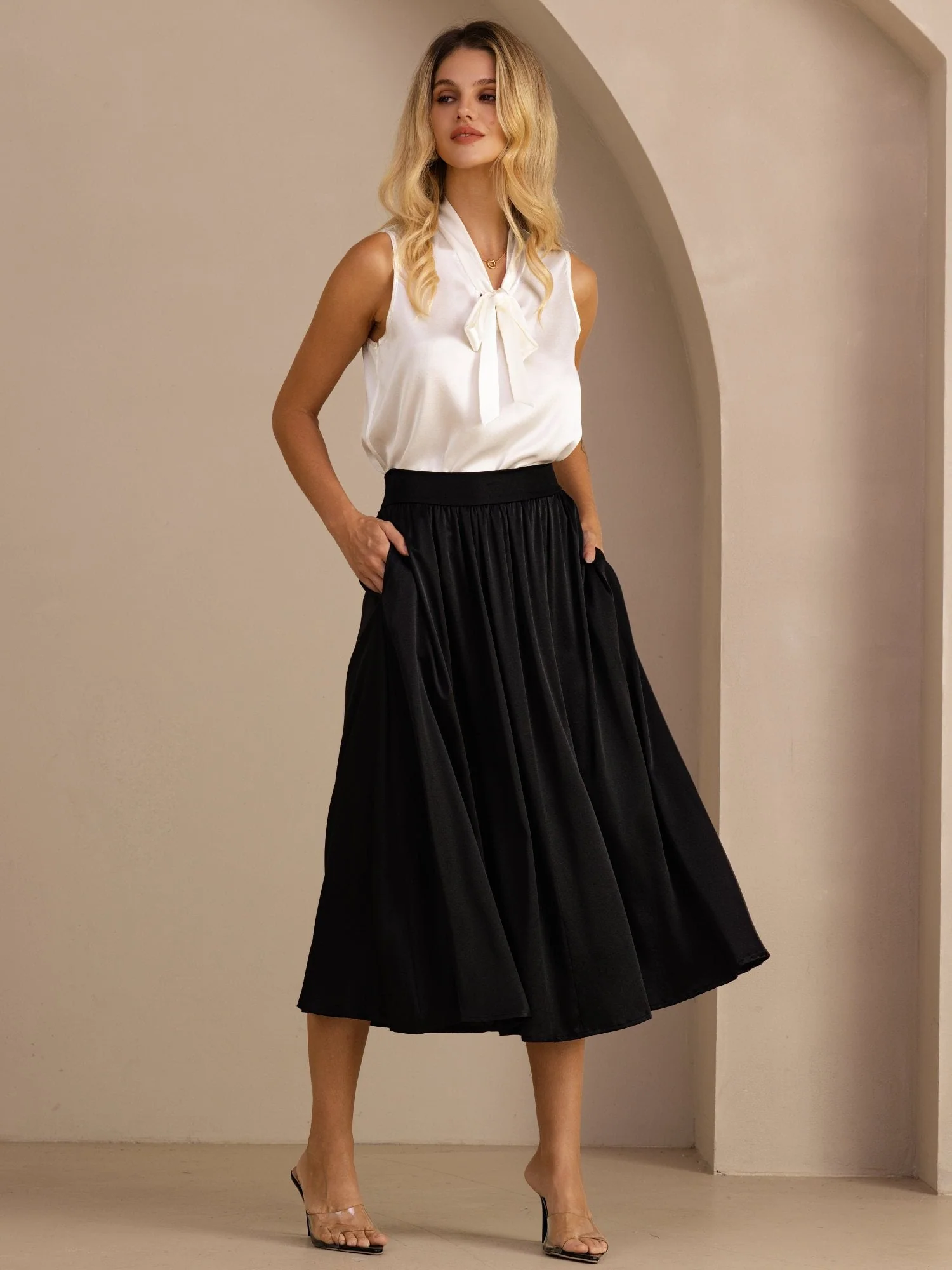 19Momme Silk High Waist A-Line Pleated Long Skirt with Side Pockets - Image 3