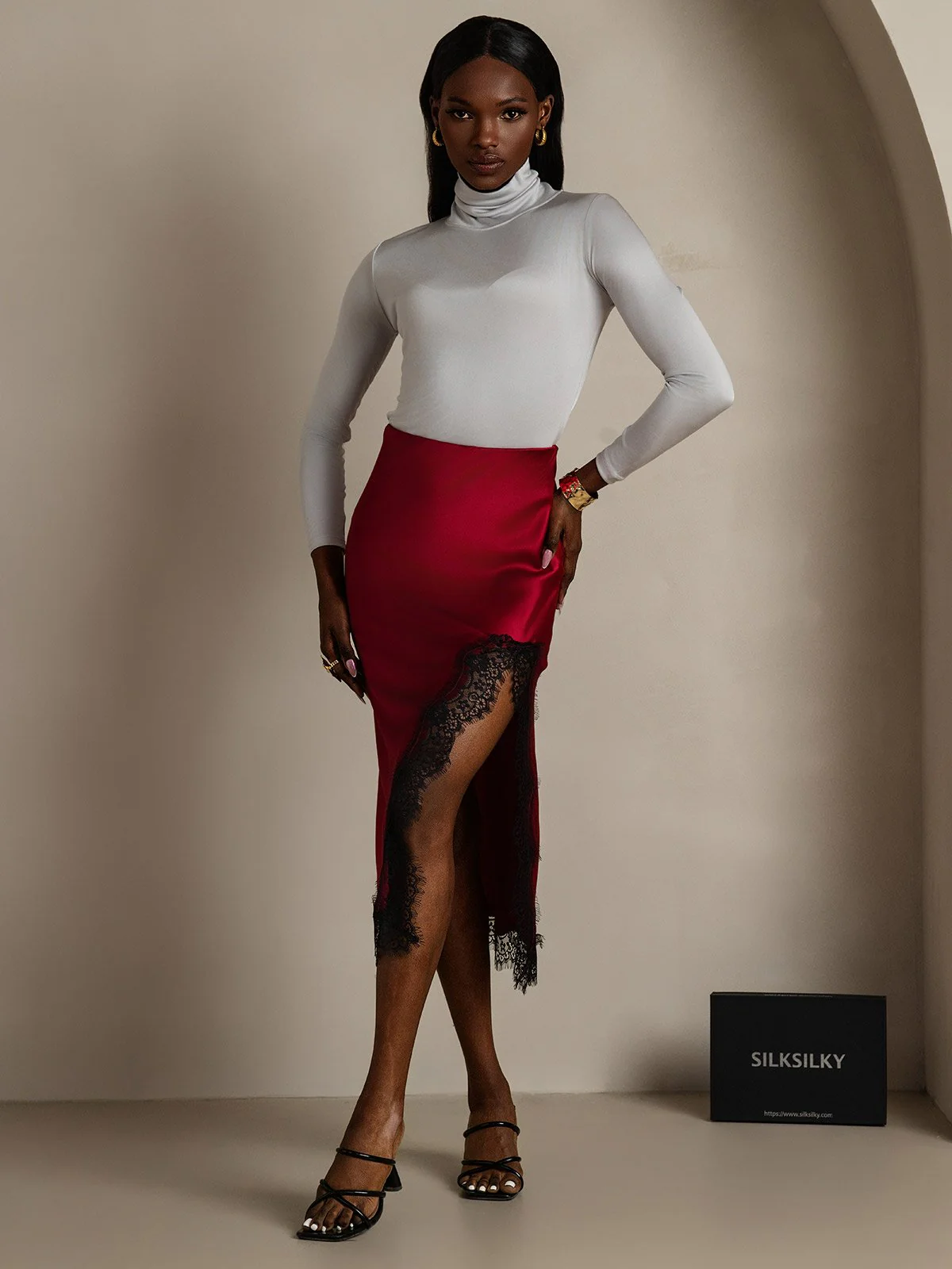 Clearance - 19Momme Silk Long Straight Lace Slit Skirt with Stretch Waist Design
