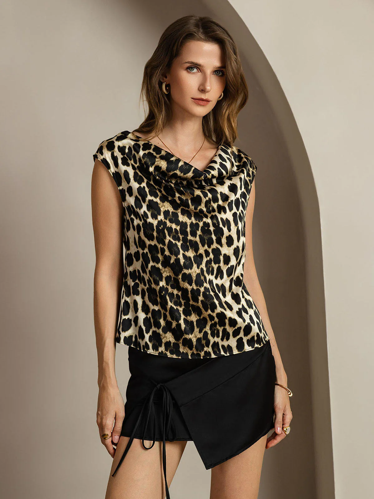 Clearance - 19Momme Silk Leopard Print Cap Sleeve Cowl Neck Women's Top - Image 4
