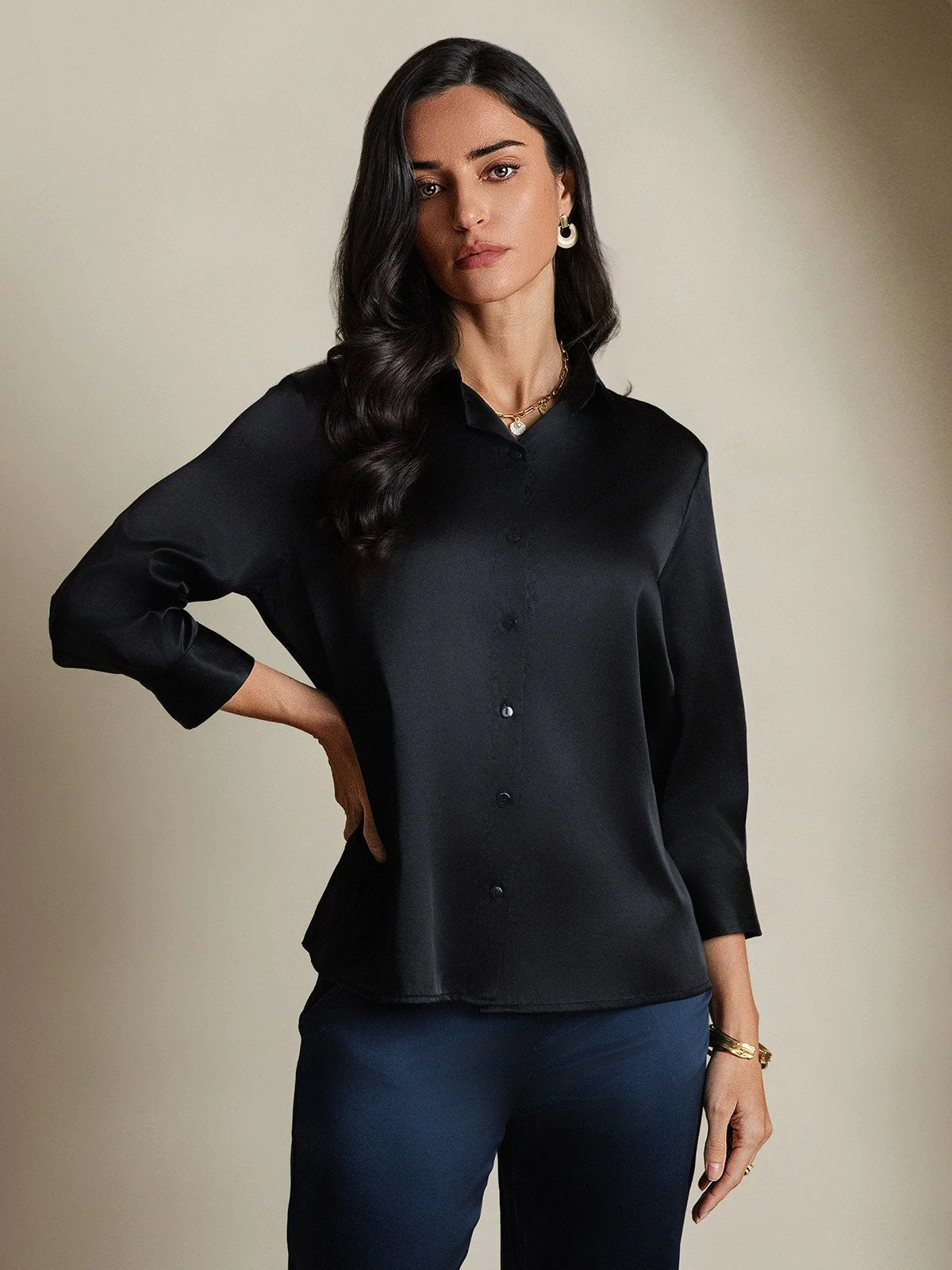 19Momme Silk 3/4 Sleeve Lapel Collar Women's Shirt with Button Up Design - Image 27