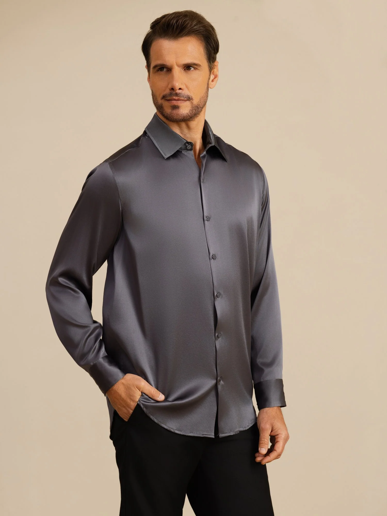 19Momme Silk Men's Long Sleeve Lapel Collar Classic Business Shirt - Image 21