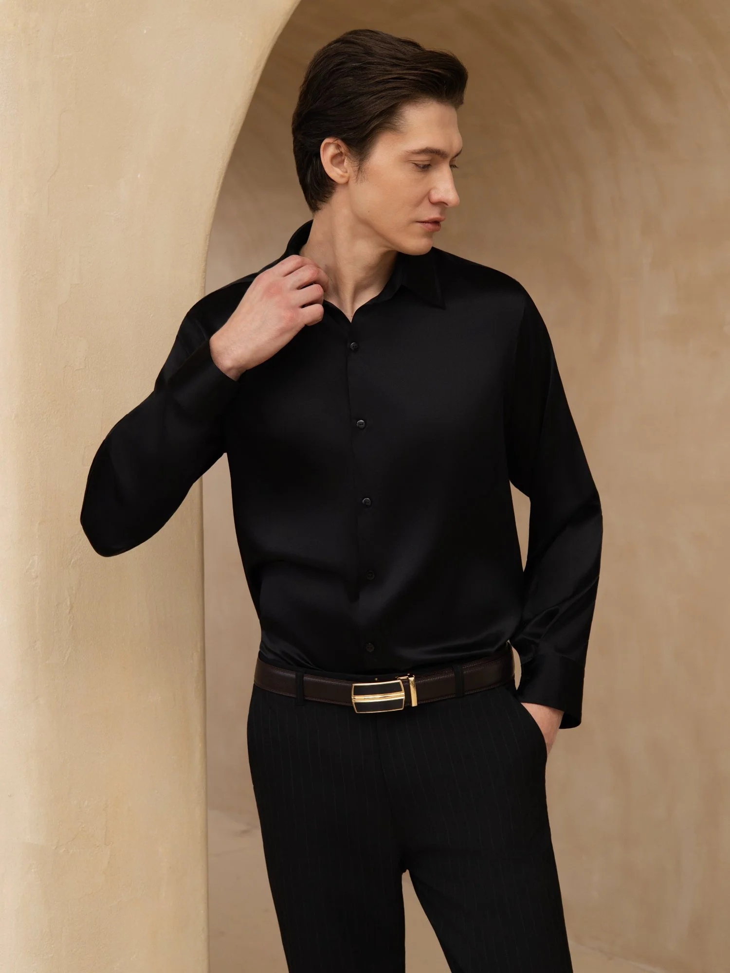 19Momme Silk Men's Long Sleeve Lapel Collar Classic Business Shirt - Image 29