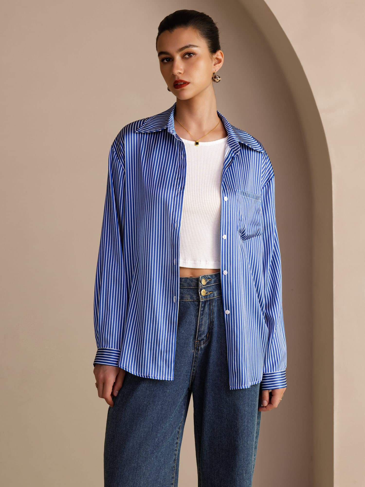 19Momme Silk Pinstripe Pattern Button Up Long Sleeve Women's Shirt