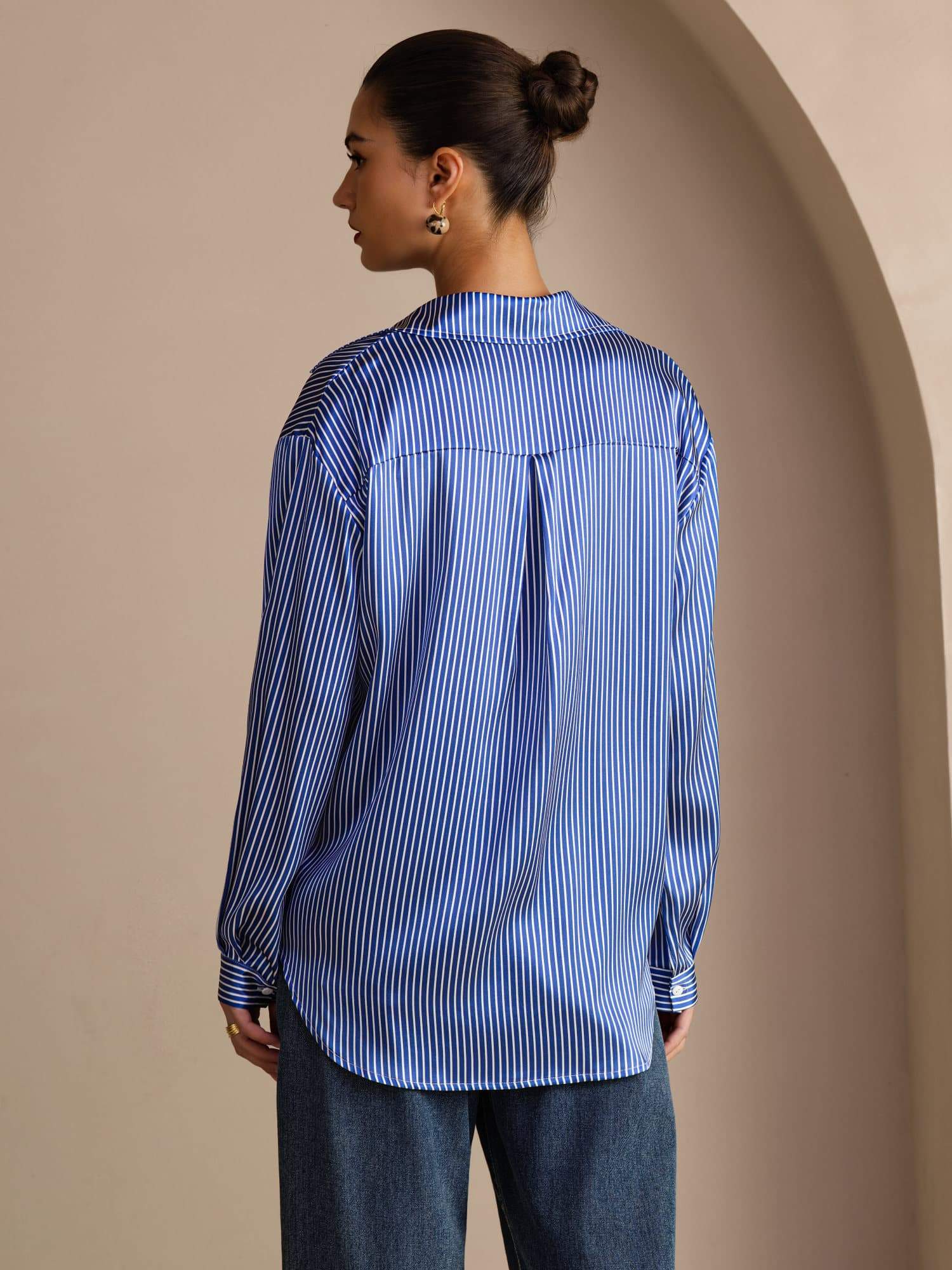 19Momme Silk Pinstripe Pattern Button Up Long Sleeve Women's Shirt - Image 2