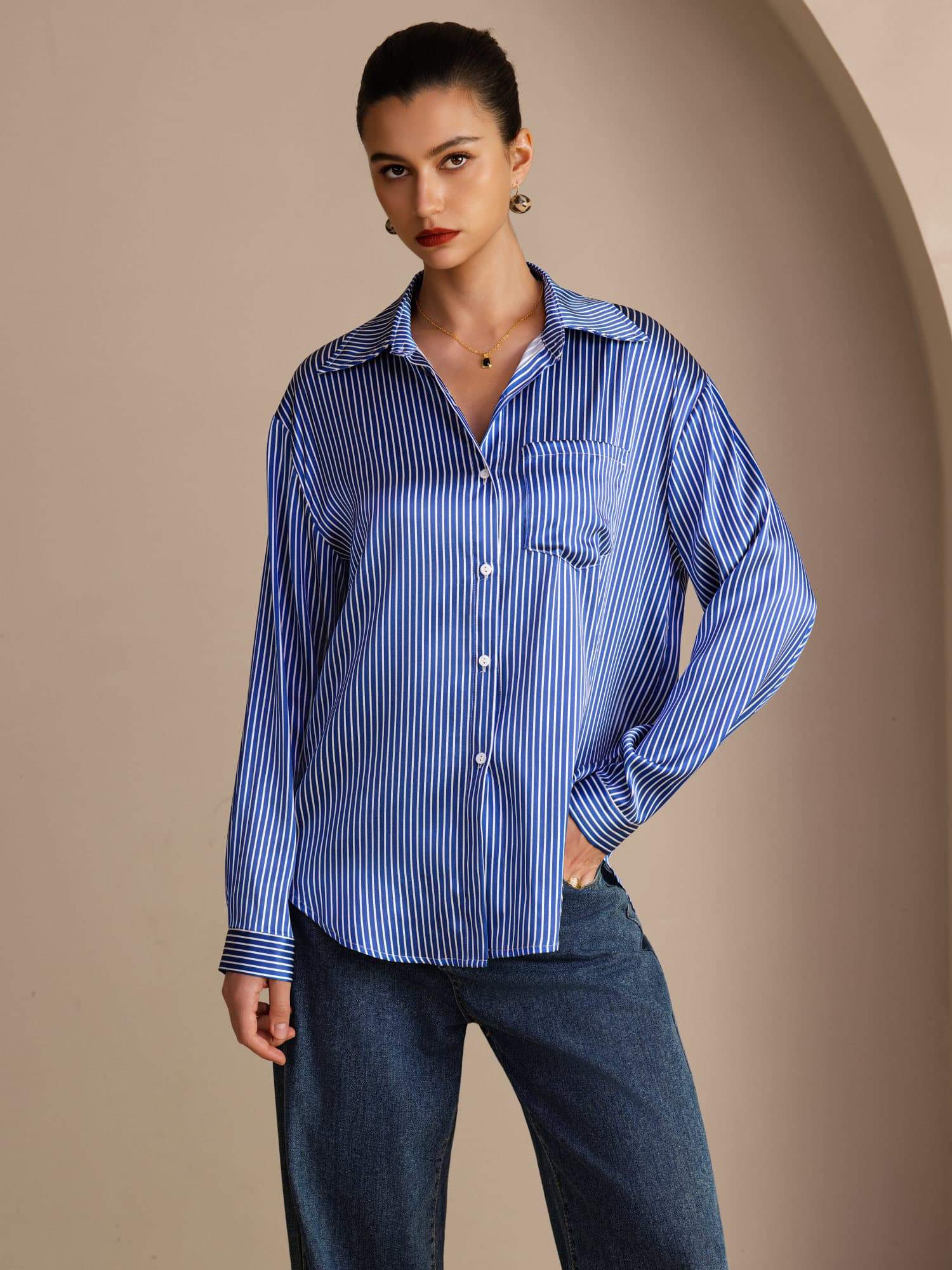 19Momme Silk Pinstripe Pattern Button Up Long Sleeve Women's Shirt - Image 3