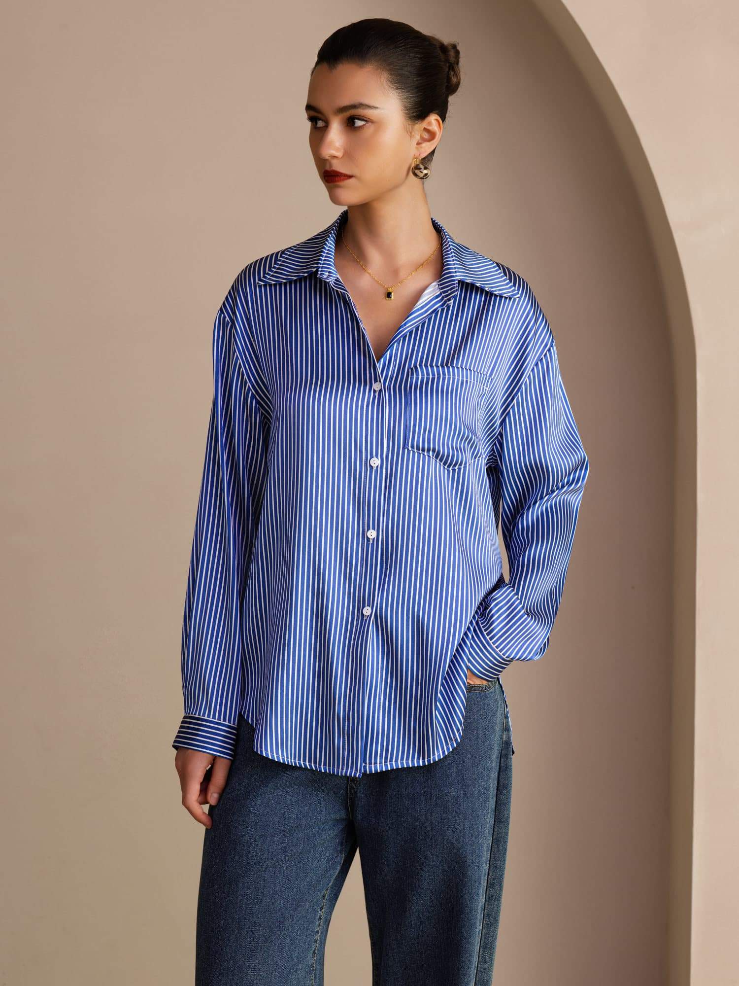 19Momme Silk Pinstripe Pattern Button Up Long Sleeve Women's Shirt - Image 4