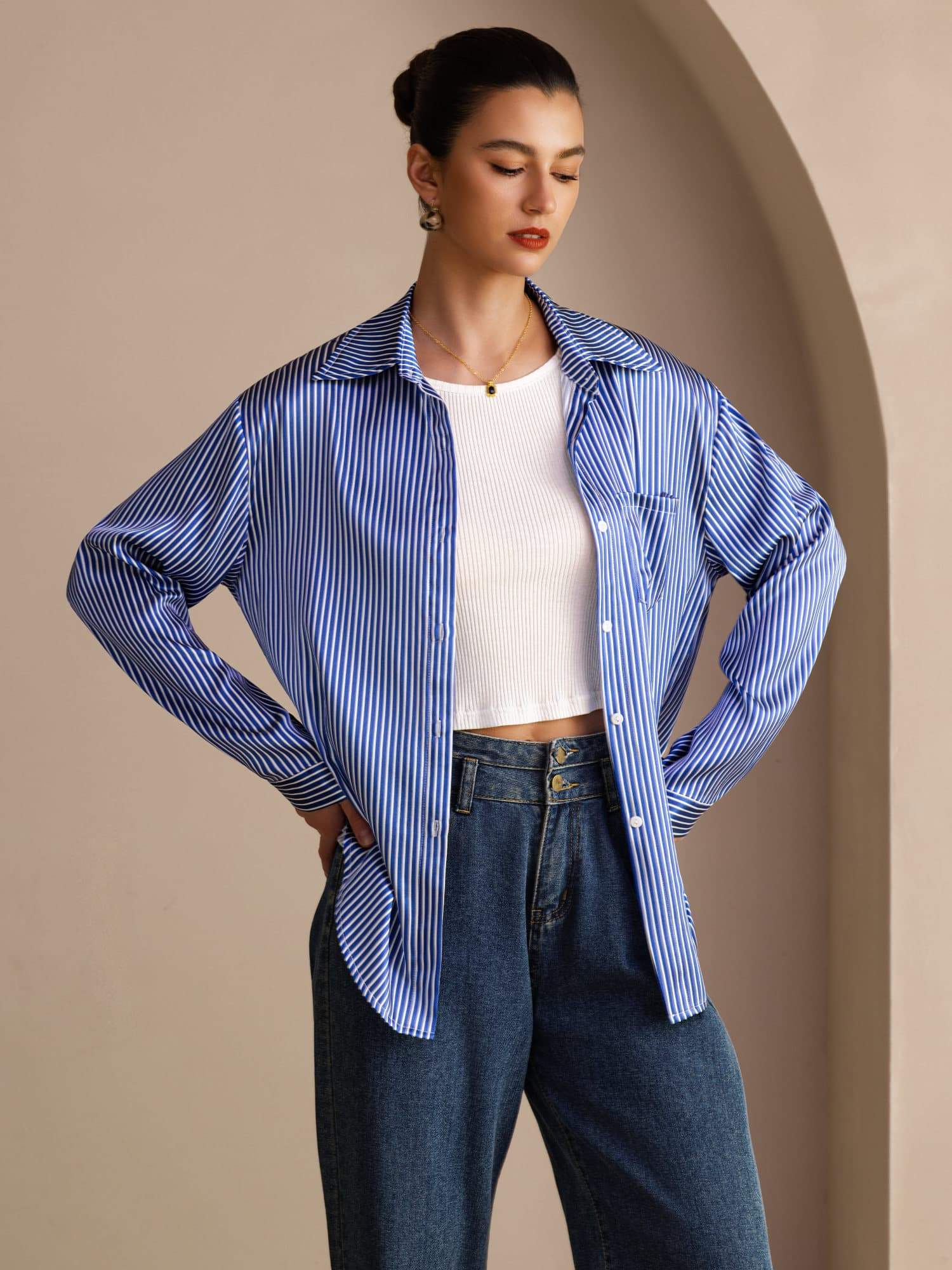 19Momme Silk Pinstripe Pattern Button Up Long Sleeve Women's Shirt - Image 5