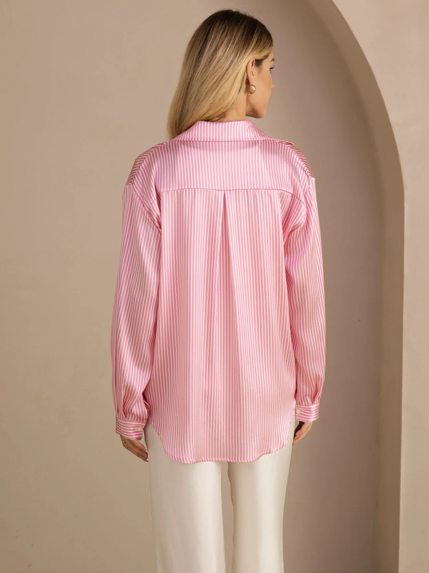 19Momme Silk Pinstripe Pattern Button Up Long Sleeve Women's Shirt - Image 9