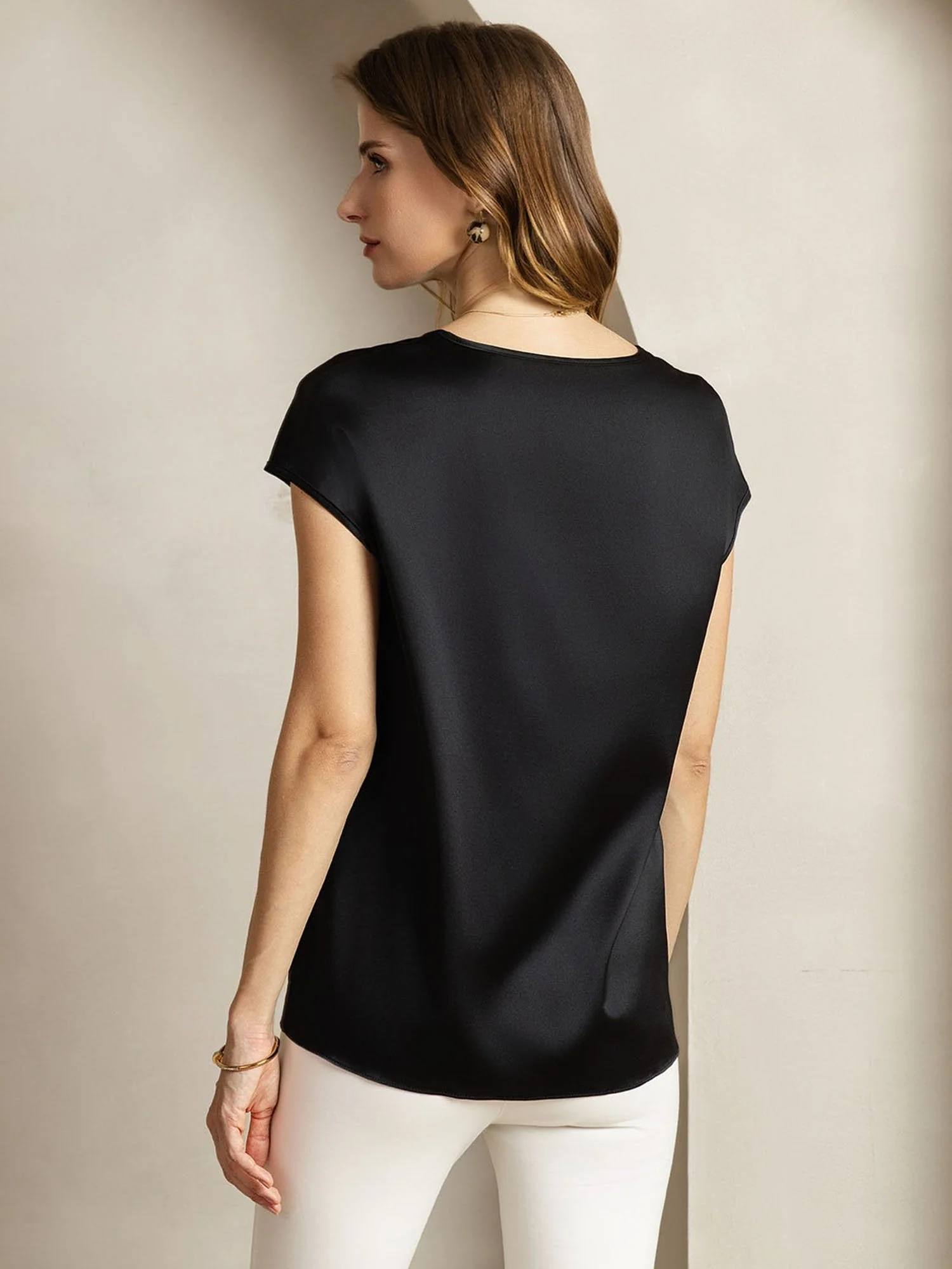 Clearance - 19Momme Silk Round Neck Cap Sleeve Top with Sheer V Insert Design - Image 2