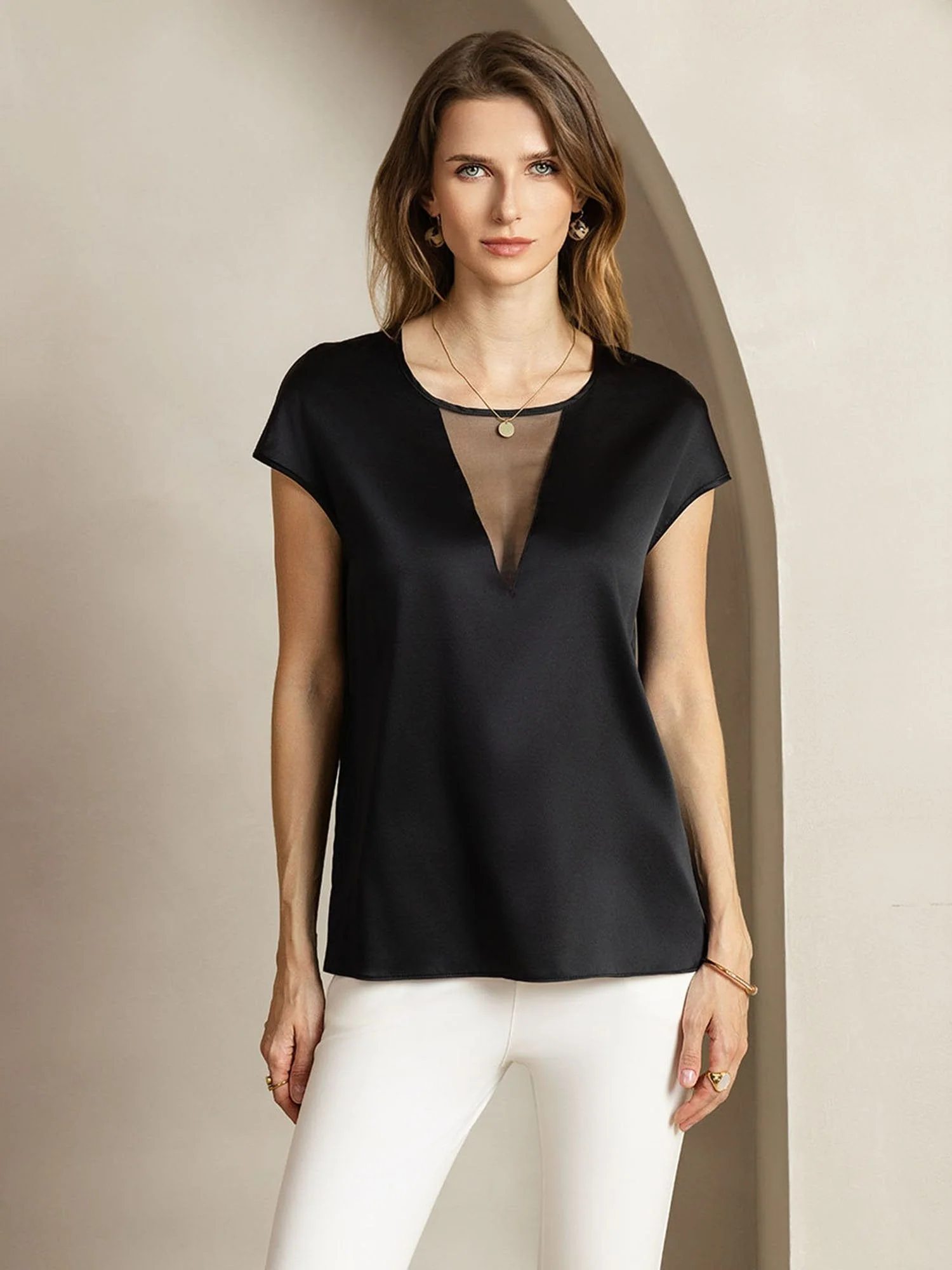 Clearance - 19Momme Silk Round Neck Cap Sleeve Top with Sheer V Insert Design - Image 3