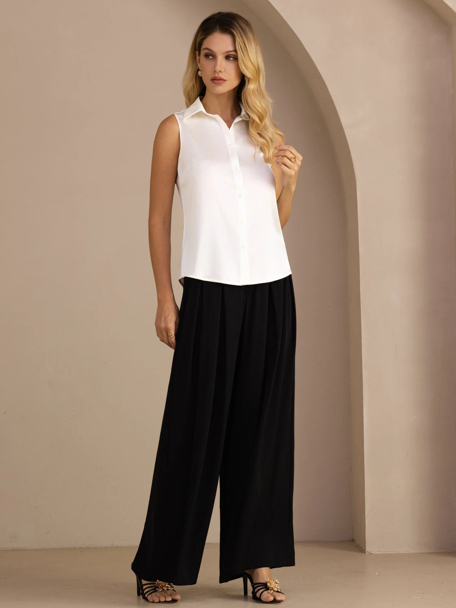 19Momme Silk Sleeveless Lapel Collar Women's Shirt with Button Up Design - Image 12